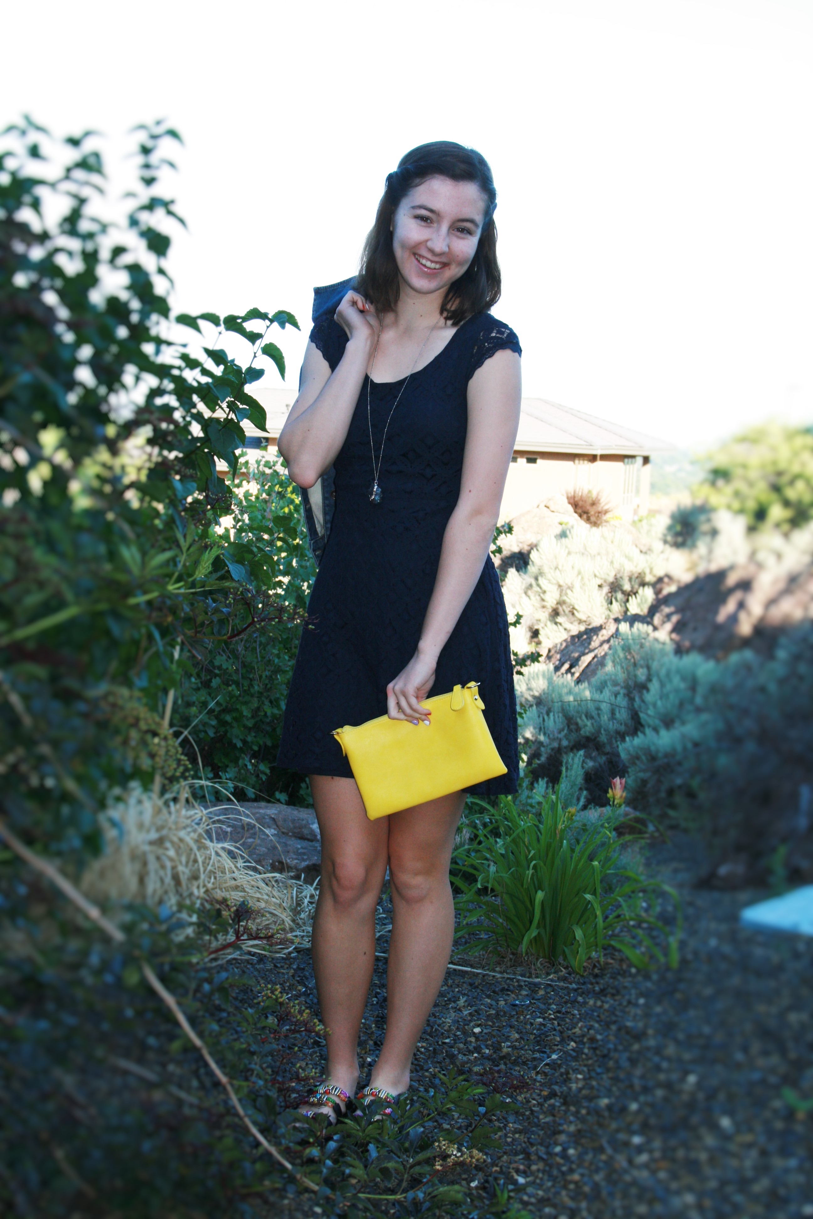 affordable fashion blog, navy lace dress, yellow purse