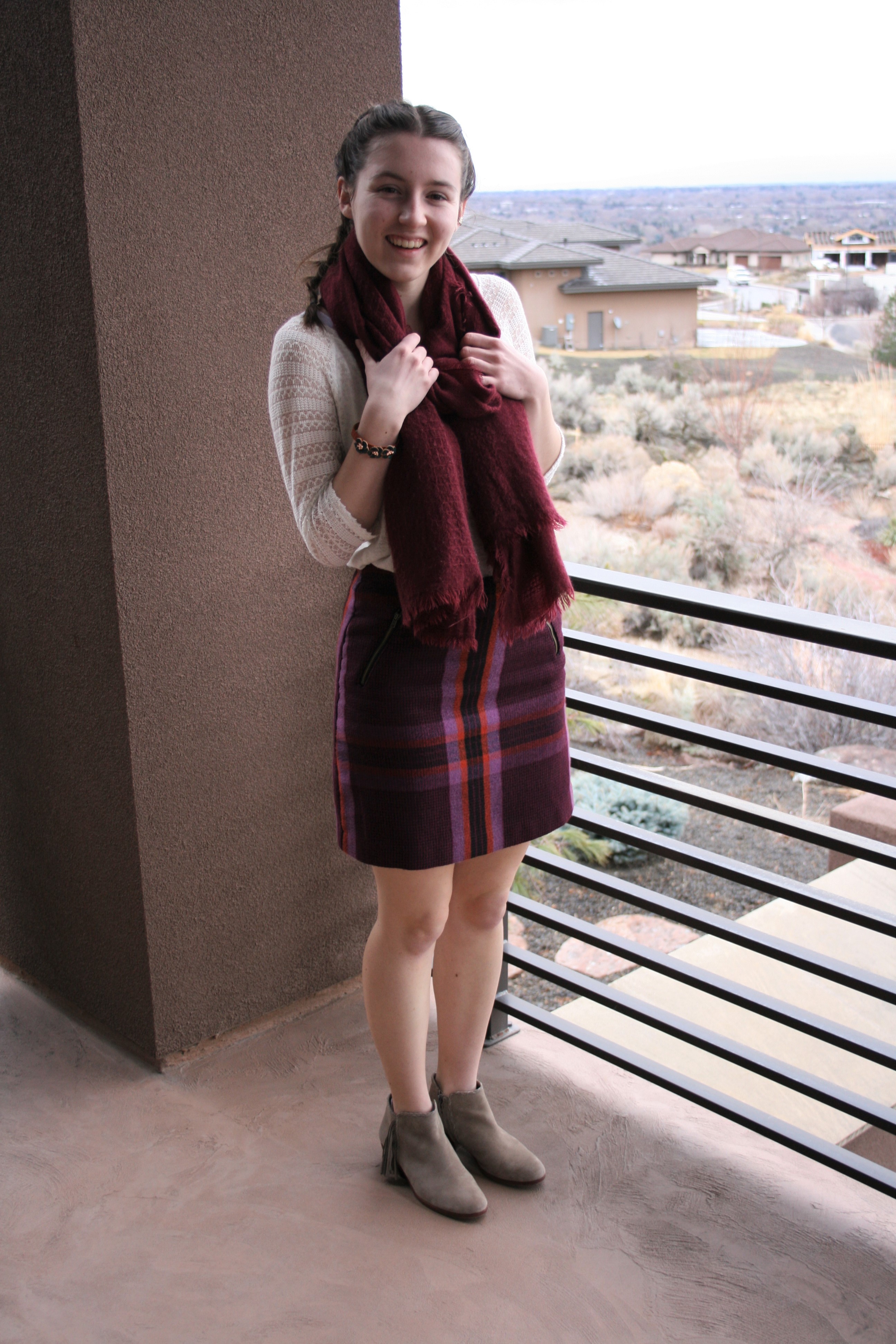 plaid skirt, burgundy blanket scarf, fall fashion