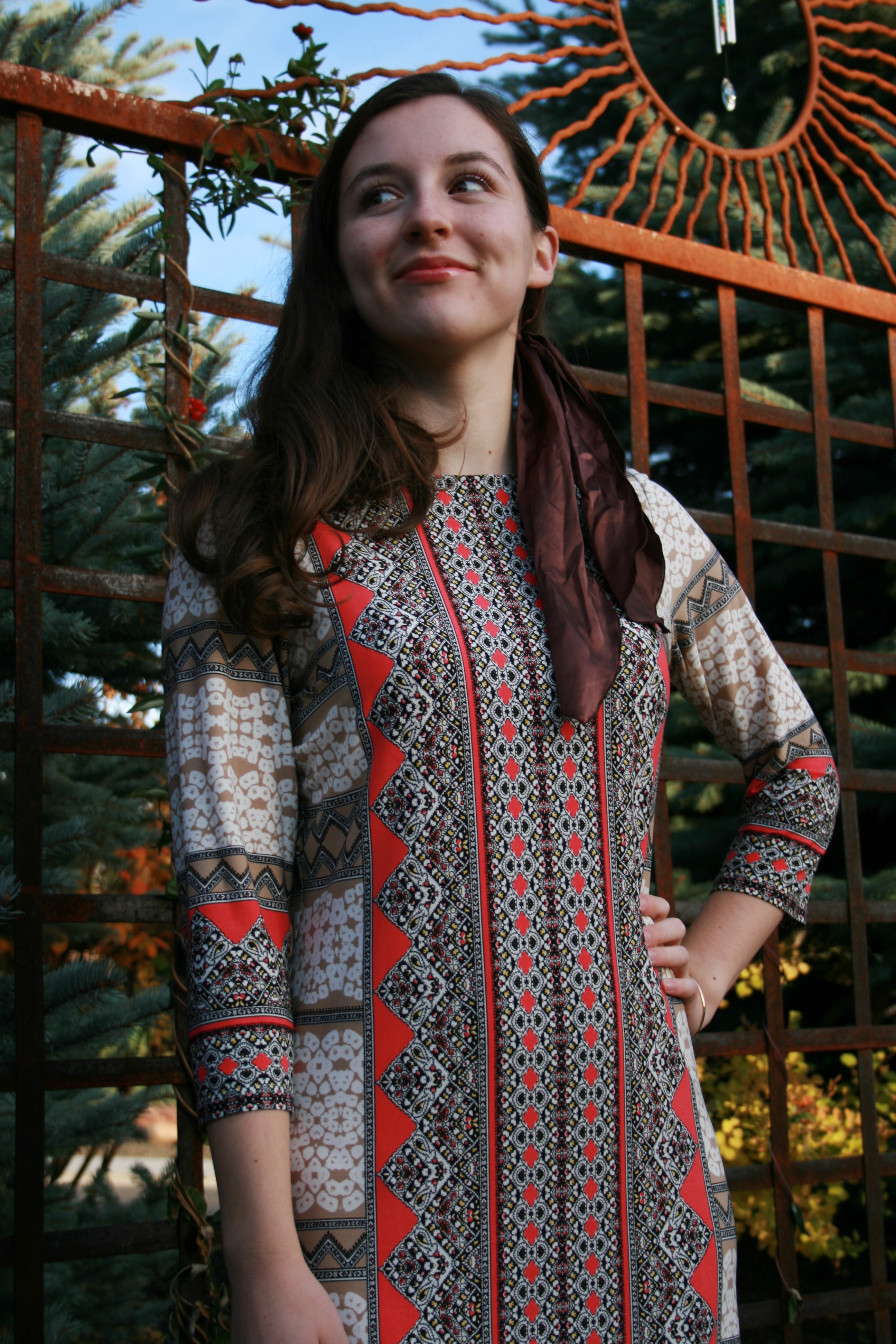 work dress, JCPenney, patterned dress, head scarves