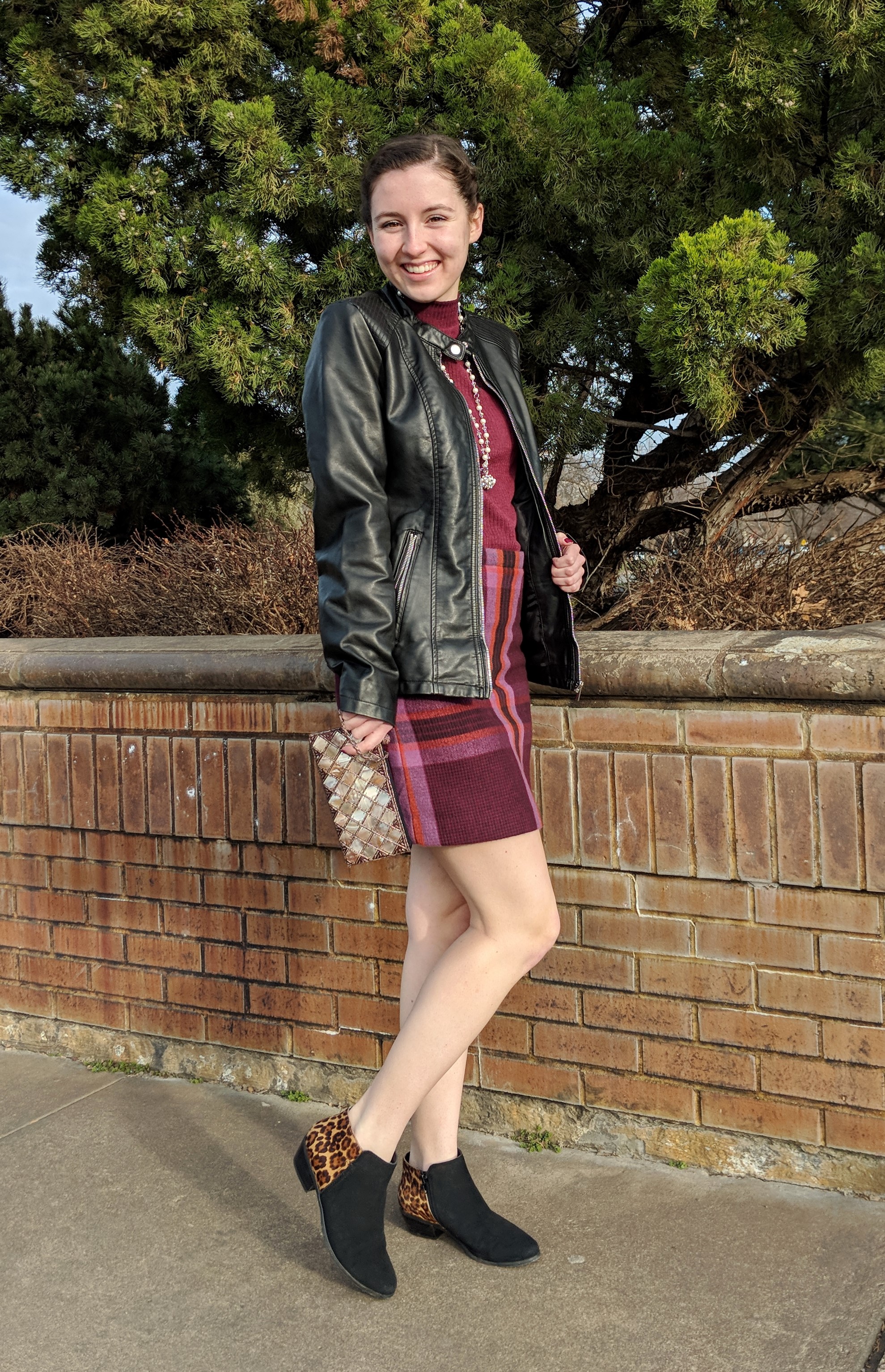 plaid skirt, leopard booties, pattern mixing, fall outfit