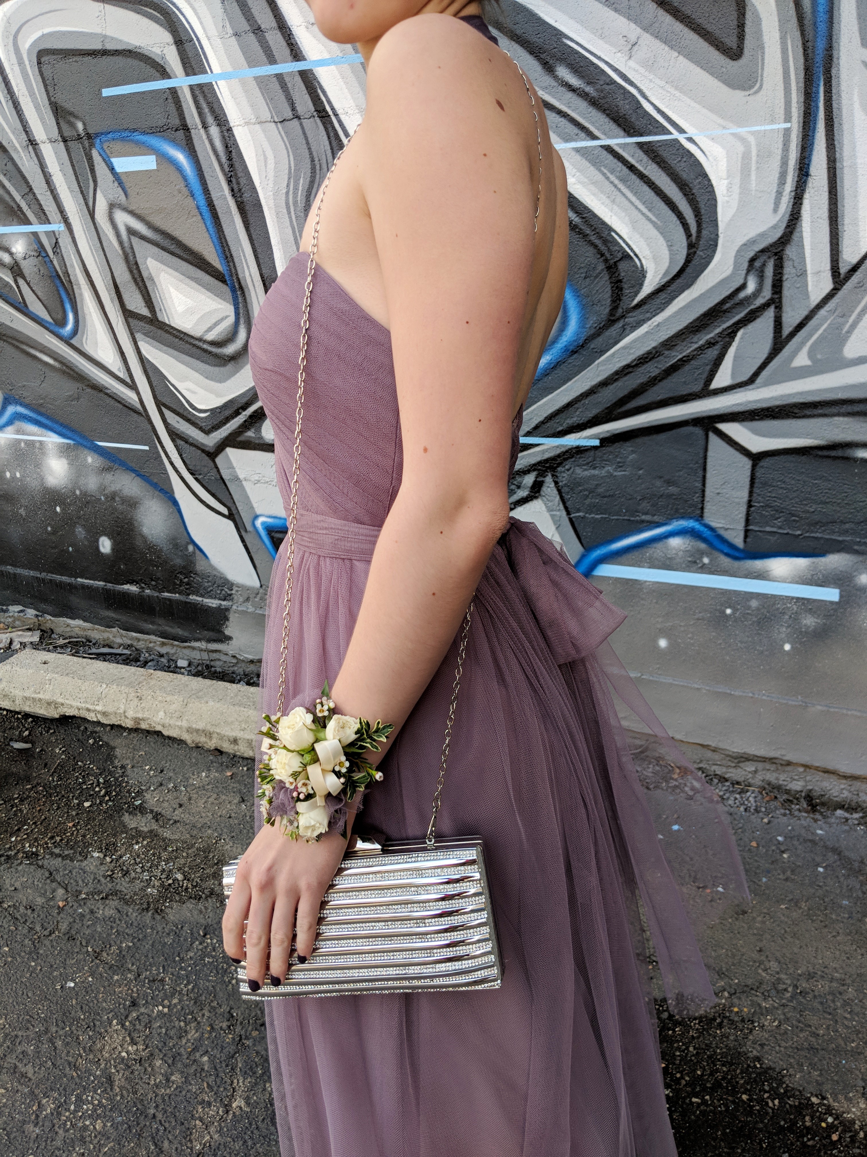 mauve prom dress, corsage, silver clutch