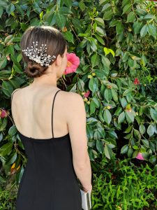 black gown, silver pearl hair piece