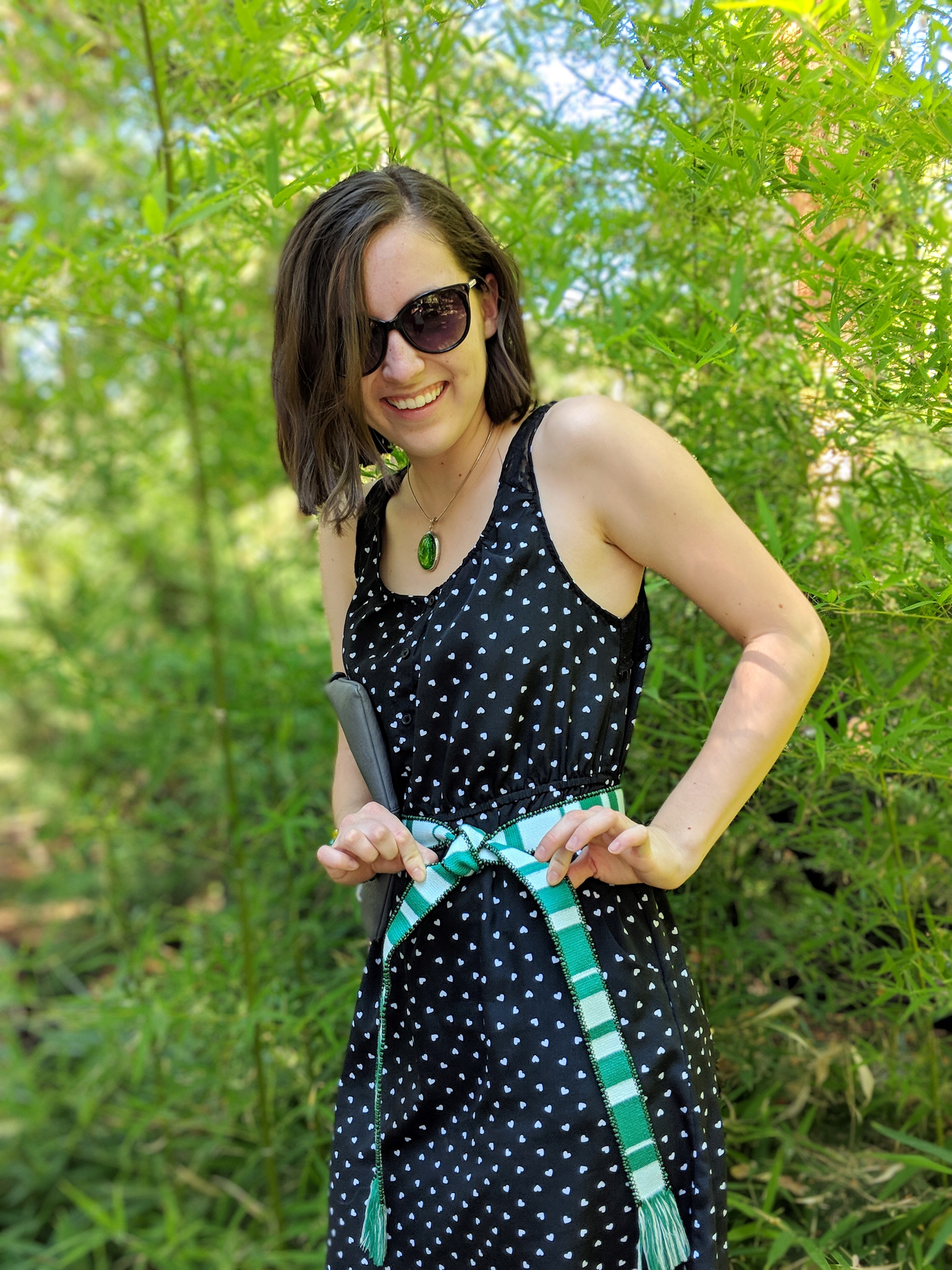 black heart print dress, green beaded belt