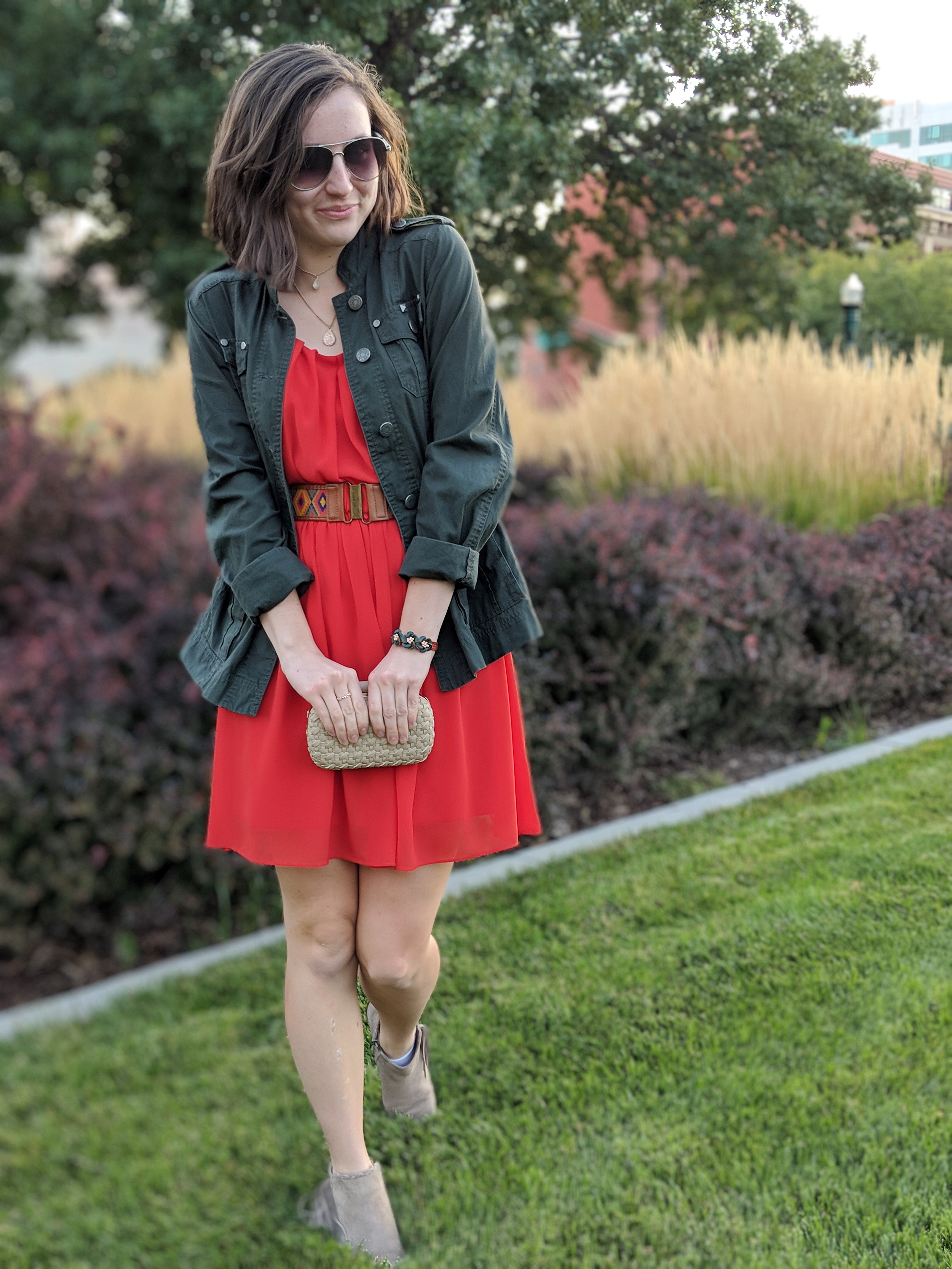 orange dress, army green military jacket, beige booties
