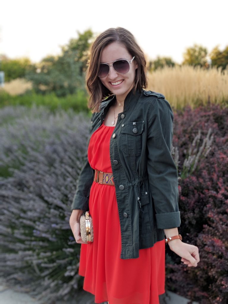 orange dress, green military jacket, kiss me I'm Irish