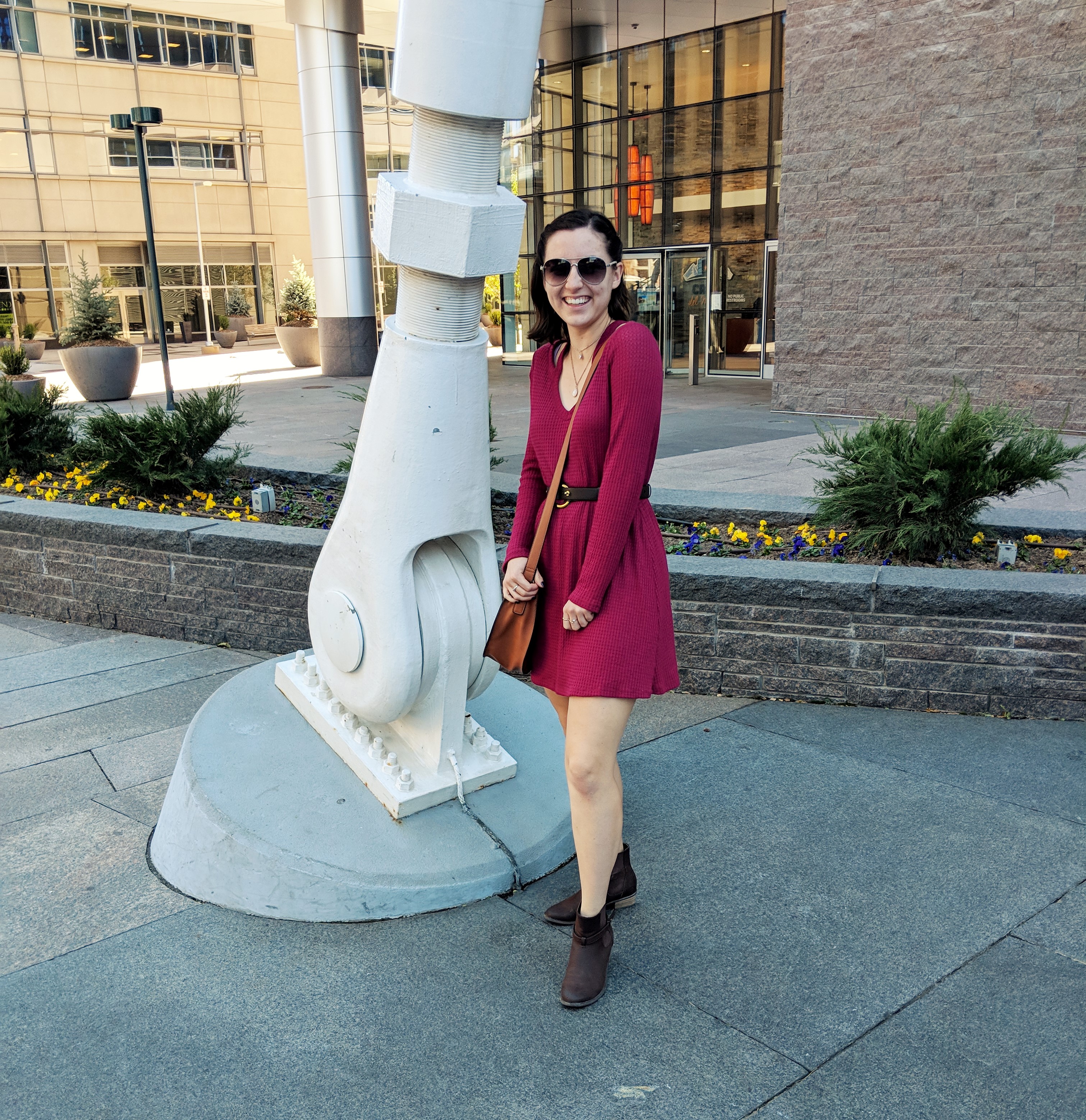 red dress with brown booties and a matching brown belt