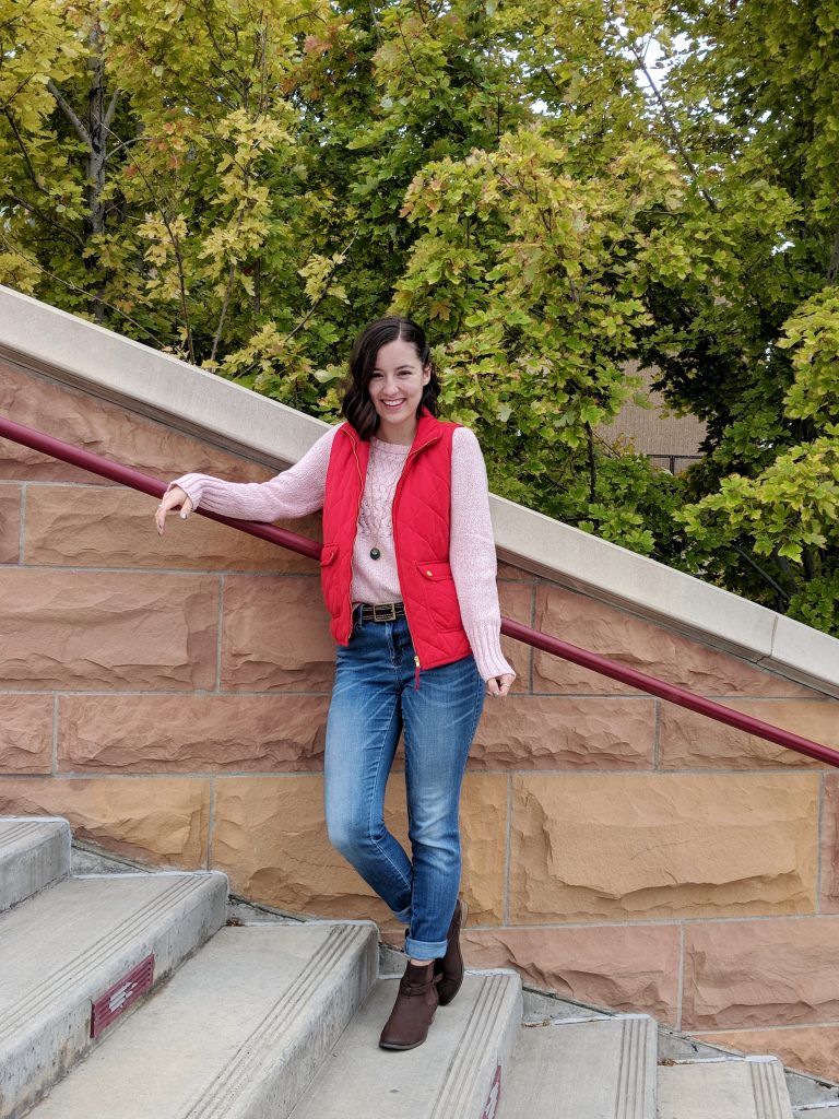red vest, pink sweater, fall outfit, sweater weather