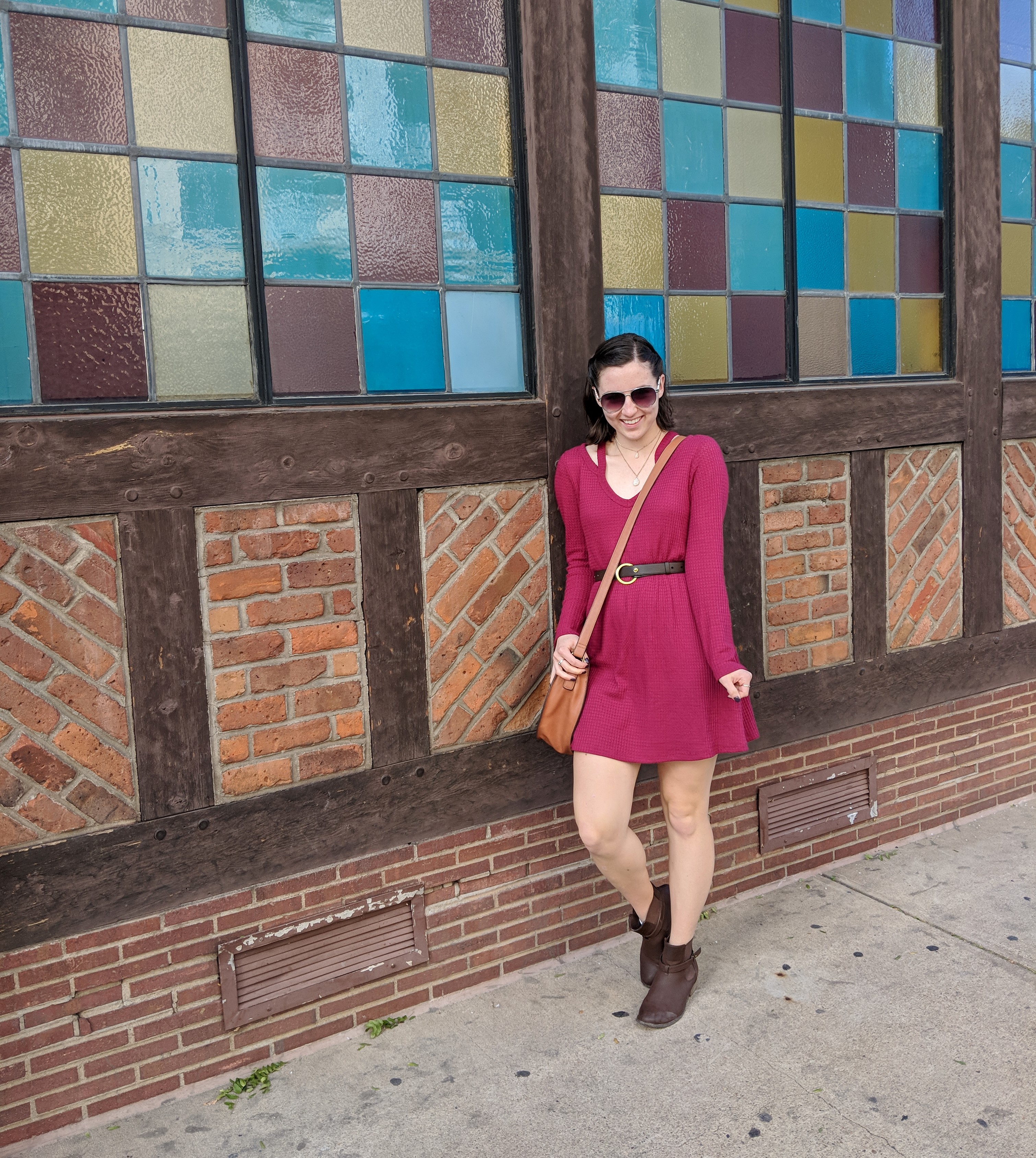 a cute fall outfit with a red dress and brown booties
