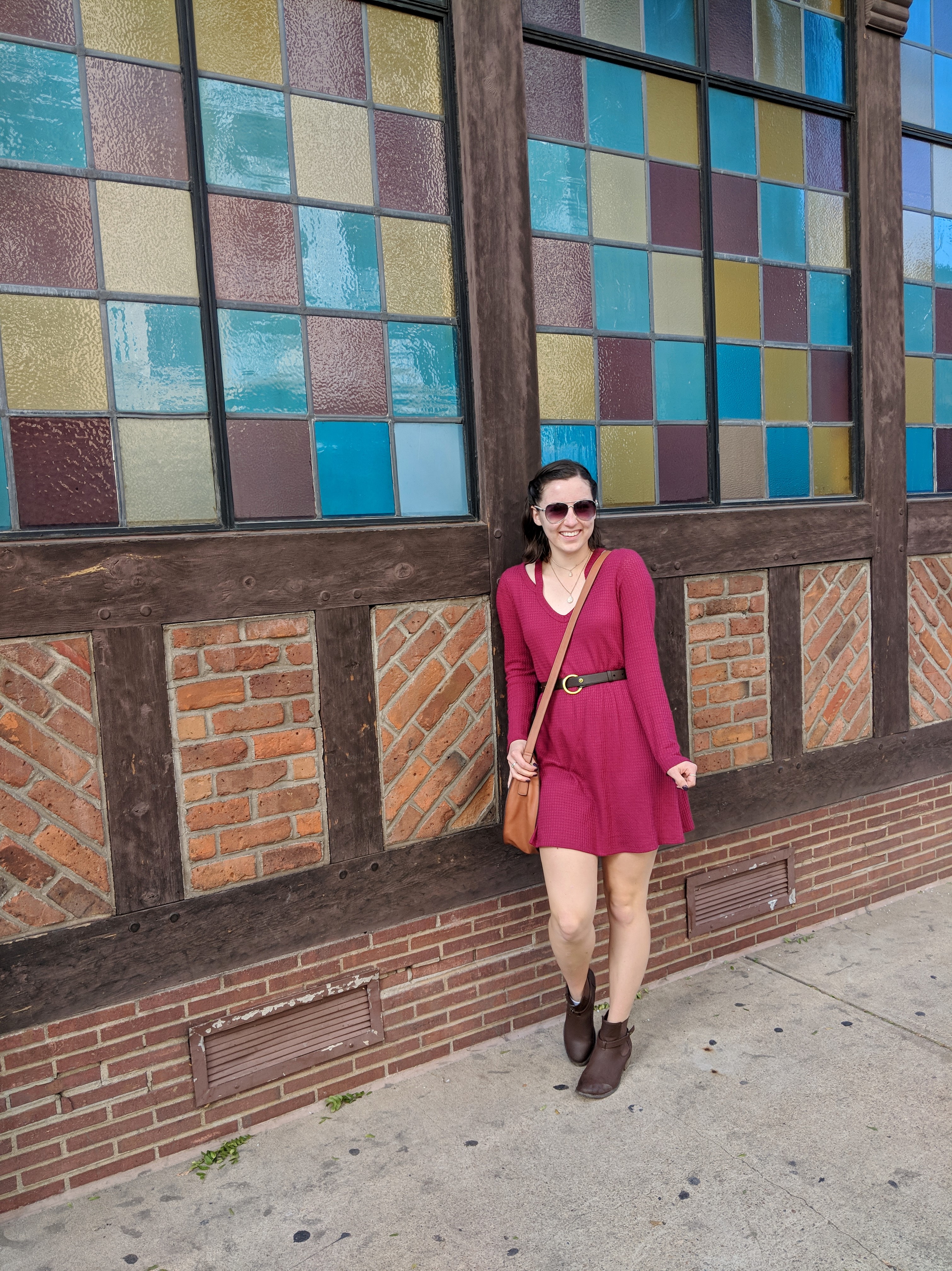 red dress from Francesca's with brown booties