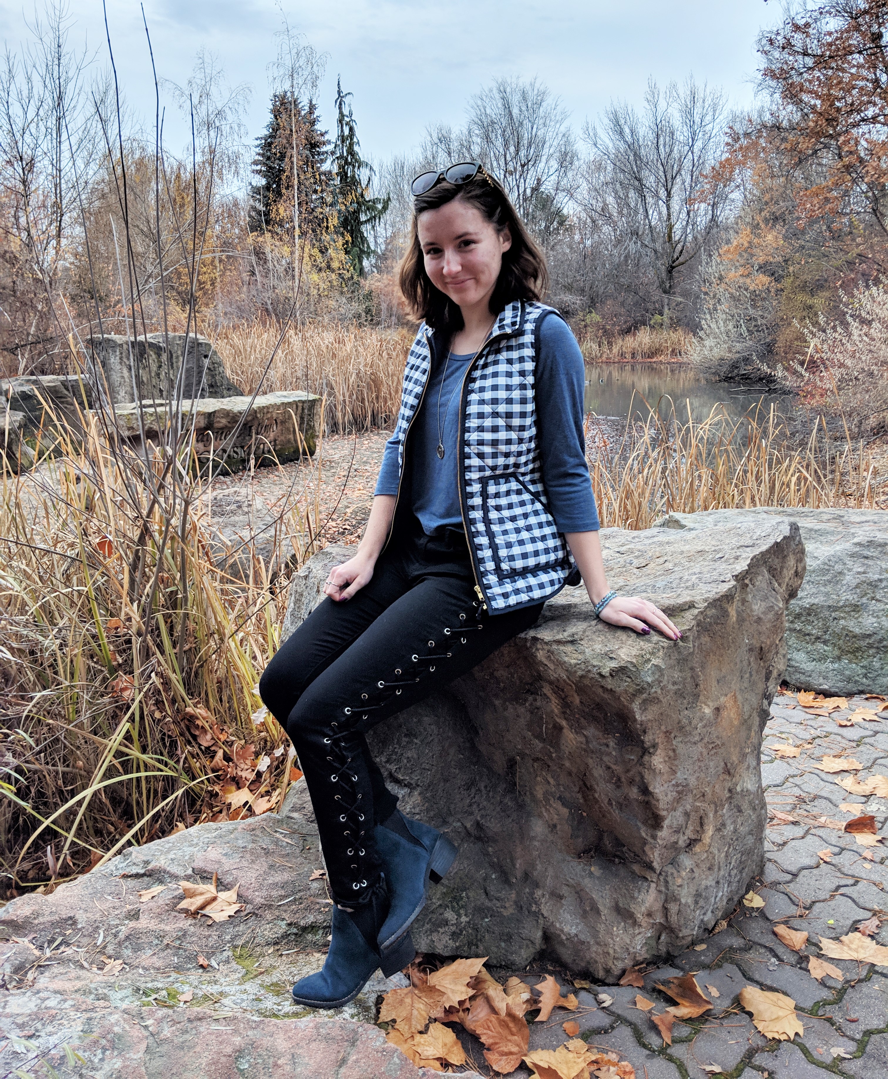 blue booties blue top fall leaves