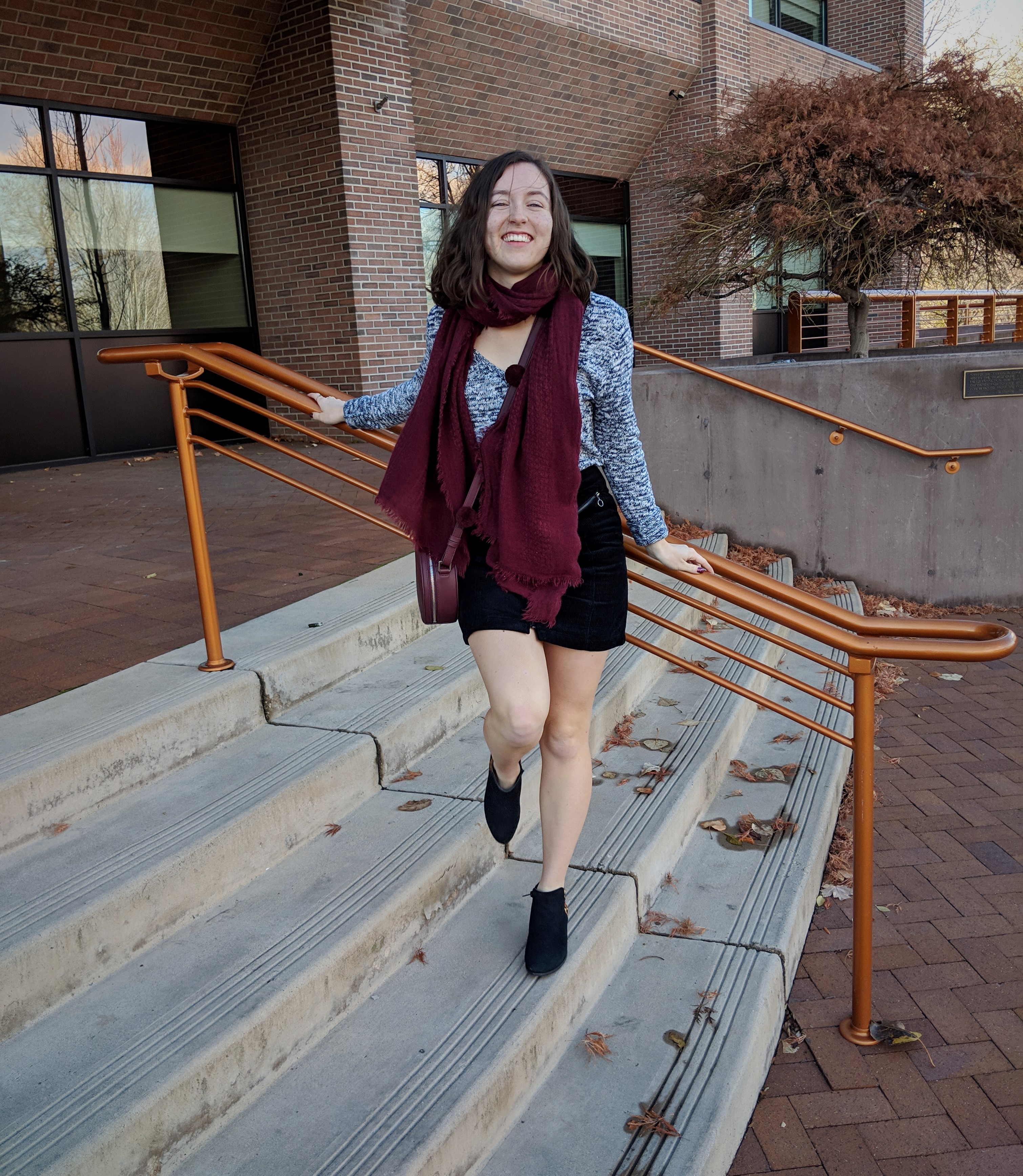 maroon blanket scarf black mini skirt