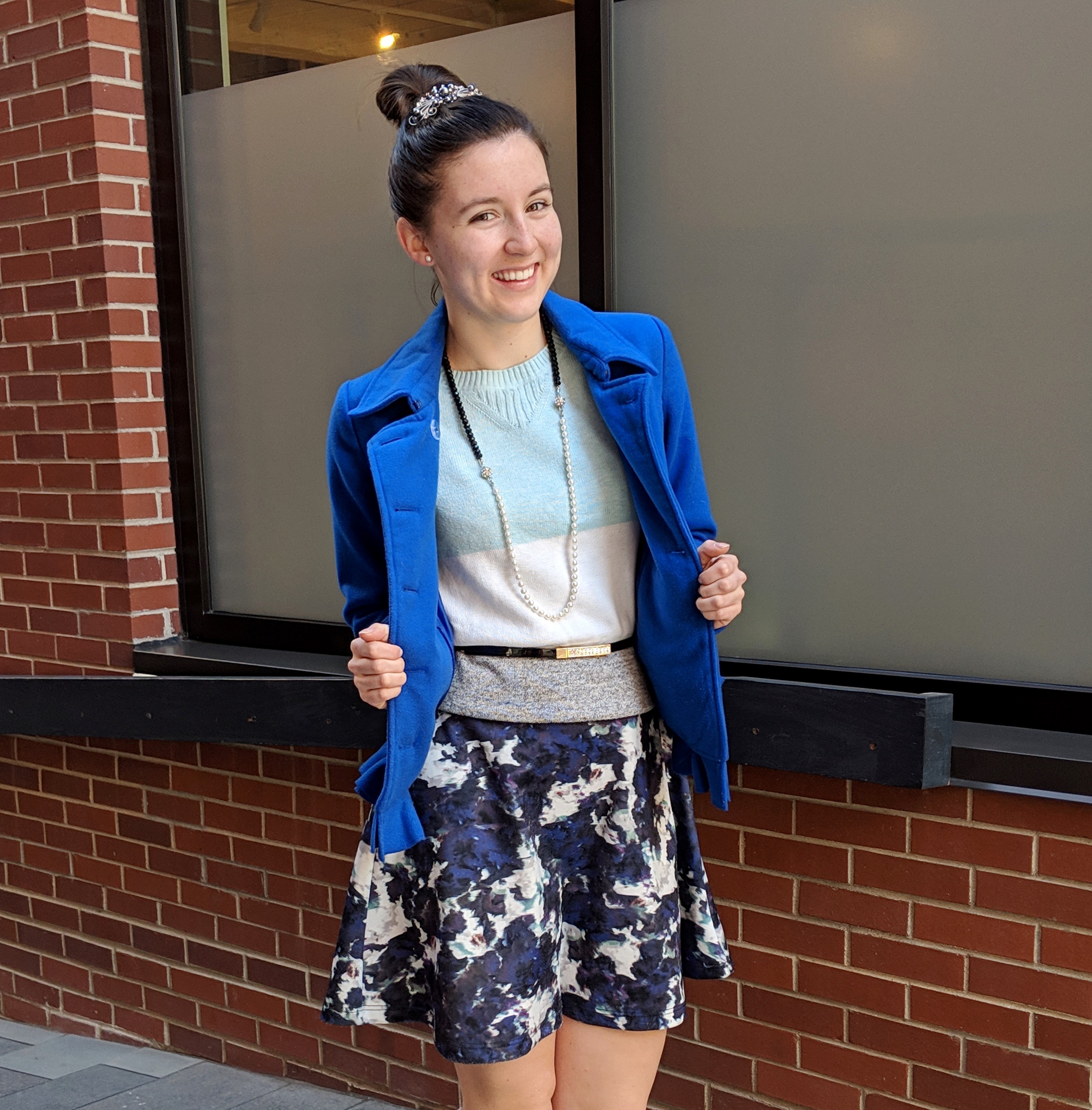 cobalt blue peacoat and striped sweater