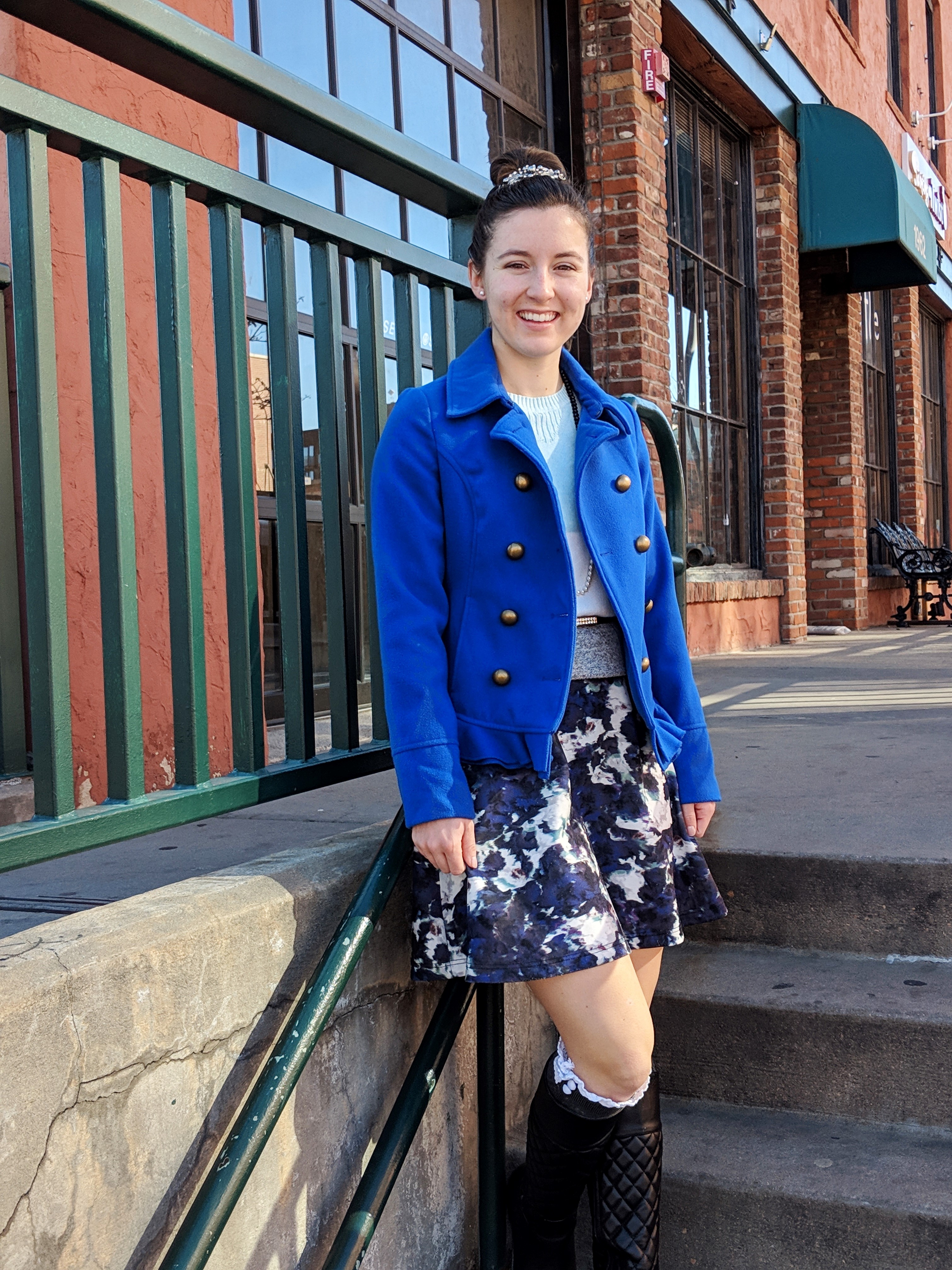 cobalt blue peacoat winter outfit