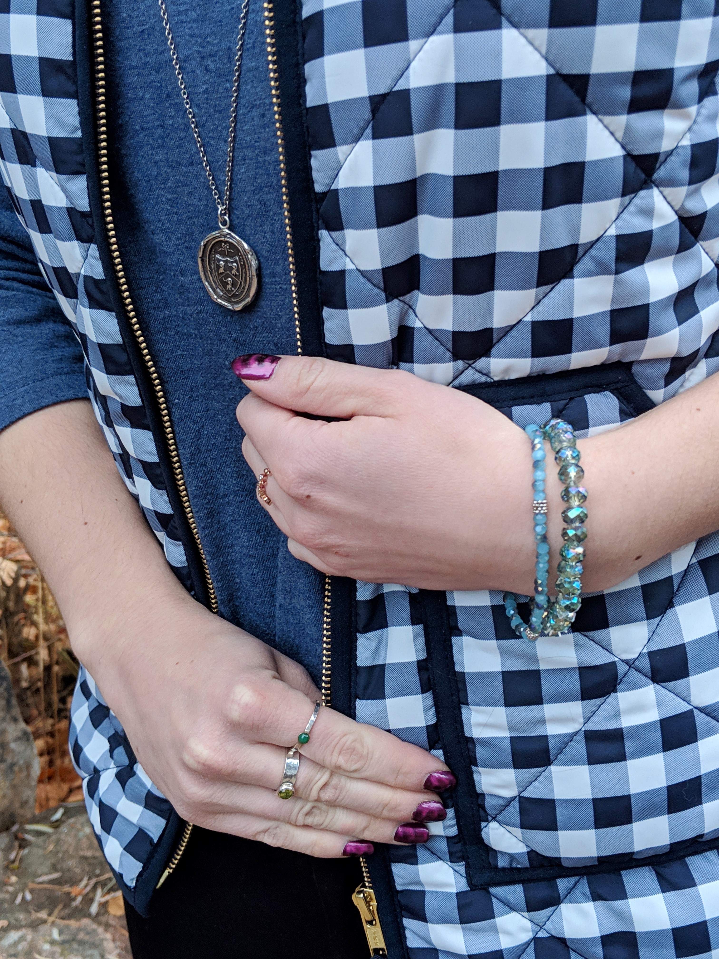 gingham quilted vest sparkly bracelets