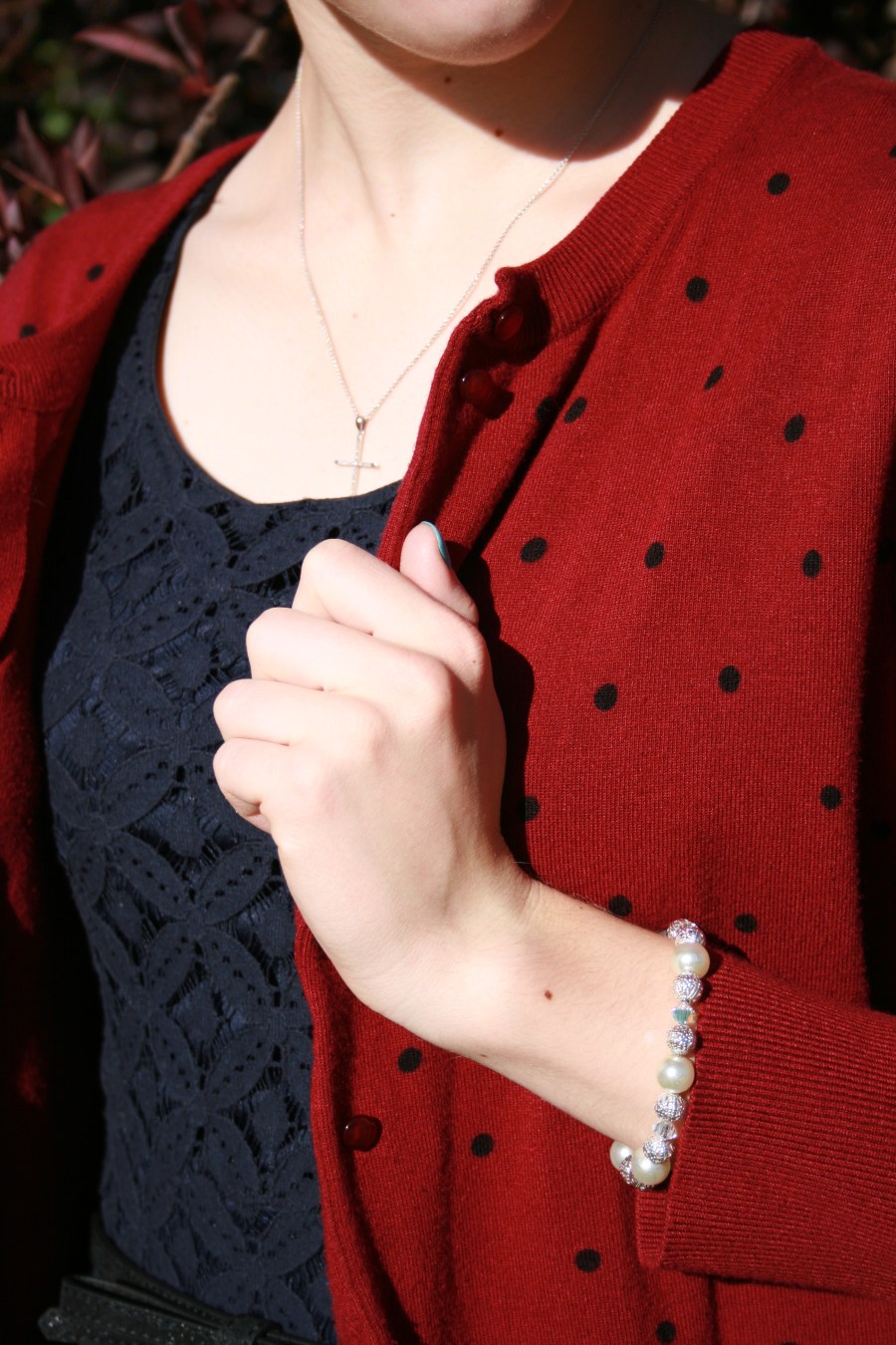 polka dot maroon cardigan