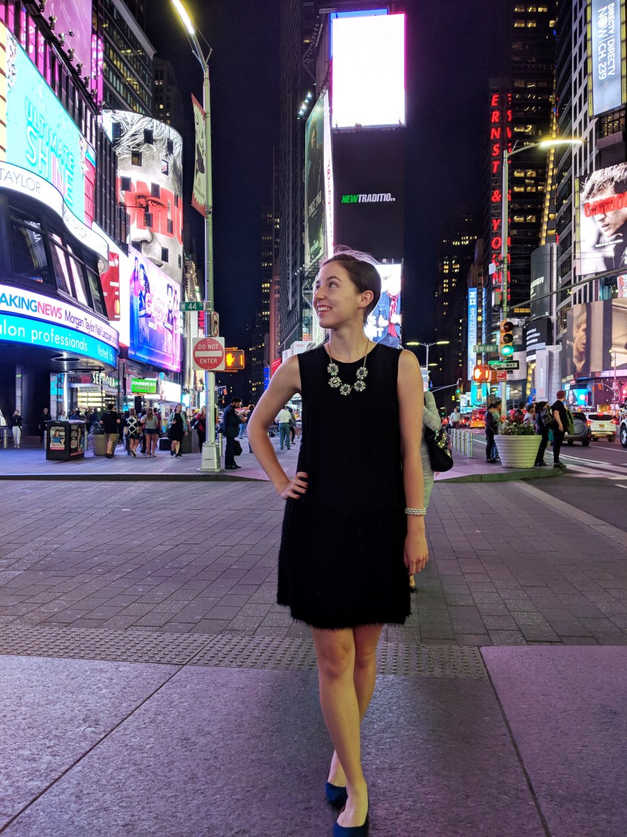 black dress blue flats Times Square
