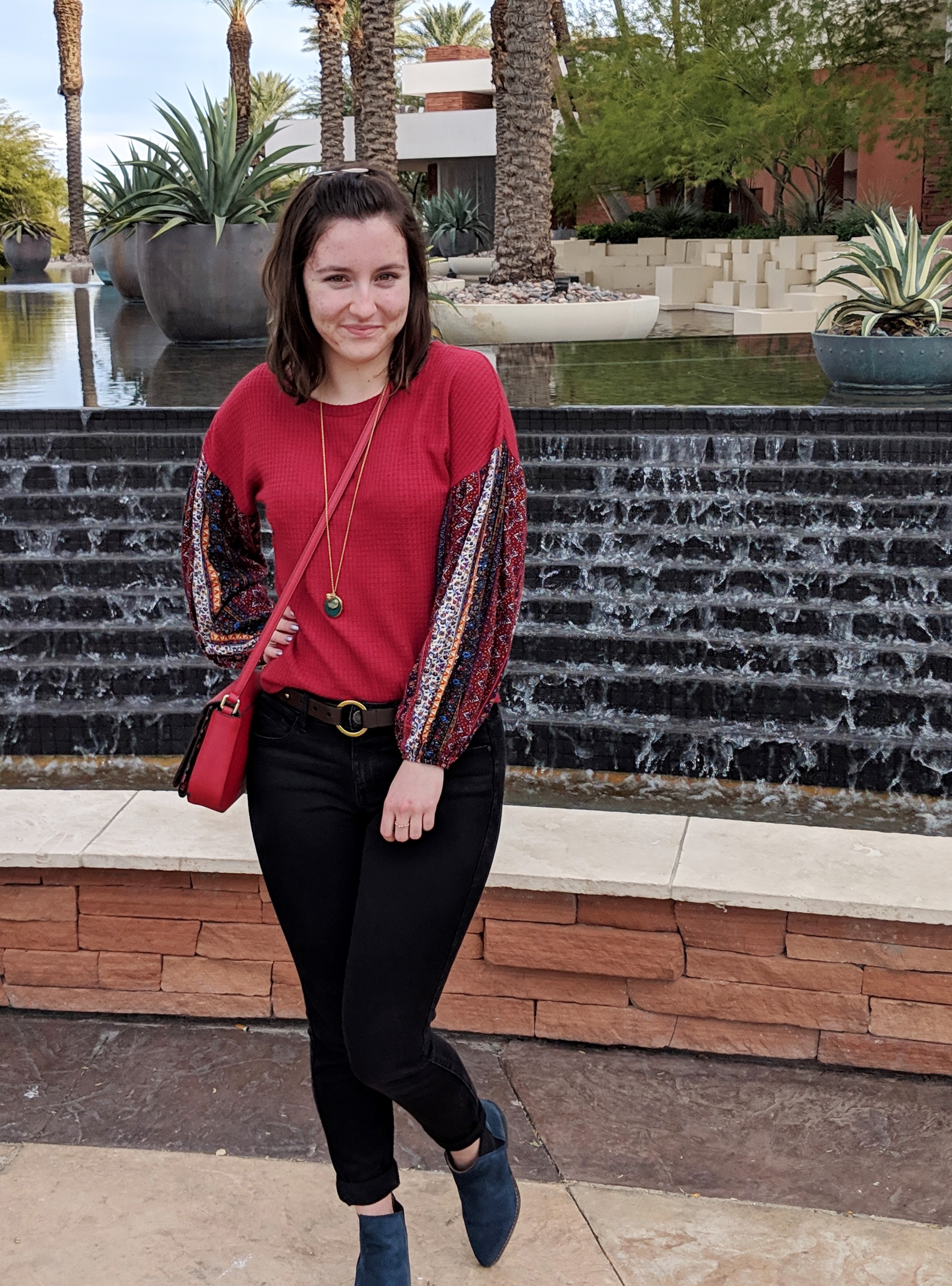 red patterned blouse