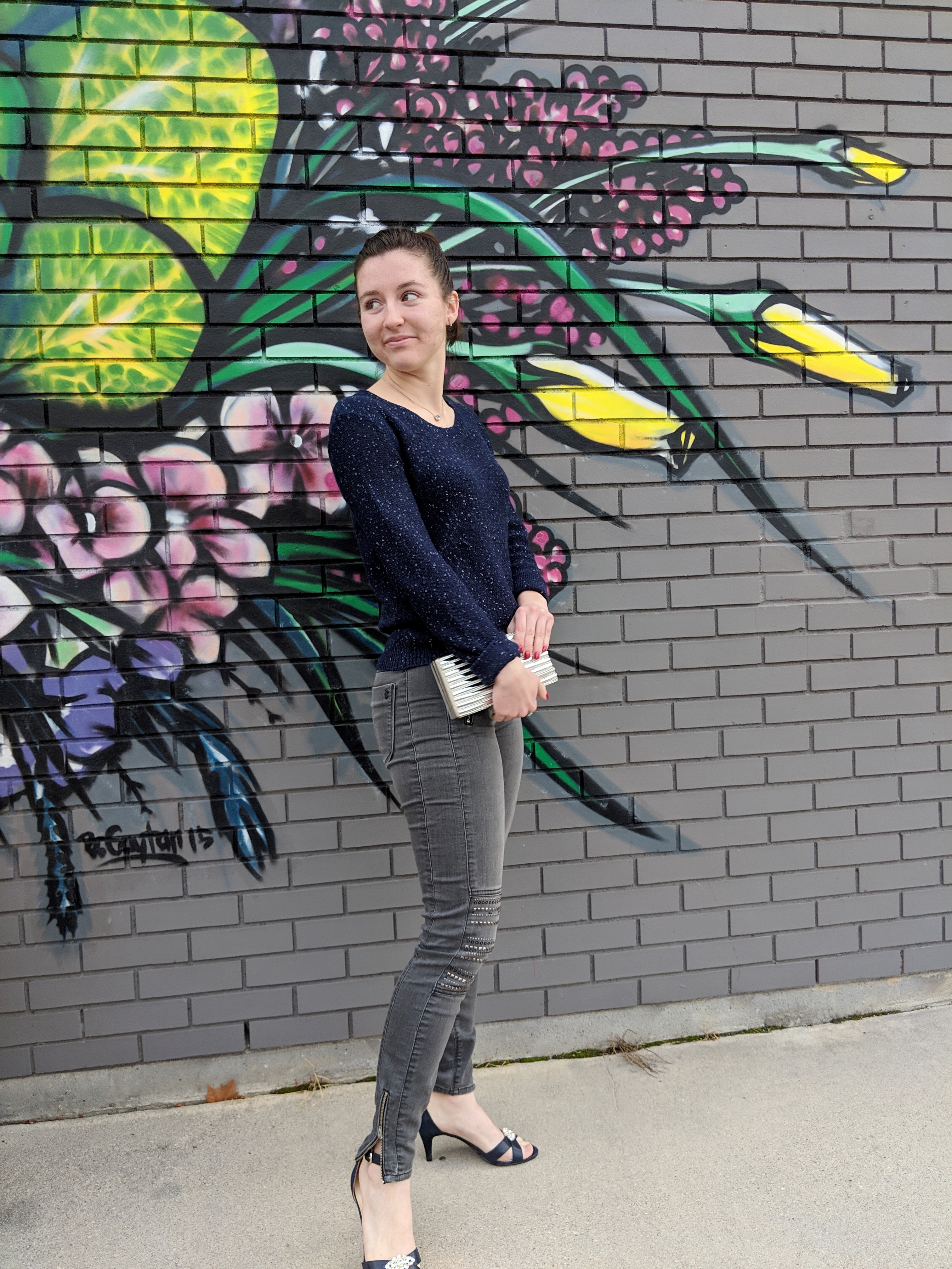 grey bedazzled jeans navy sparkly sweater