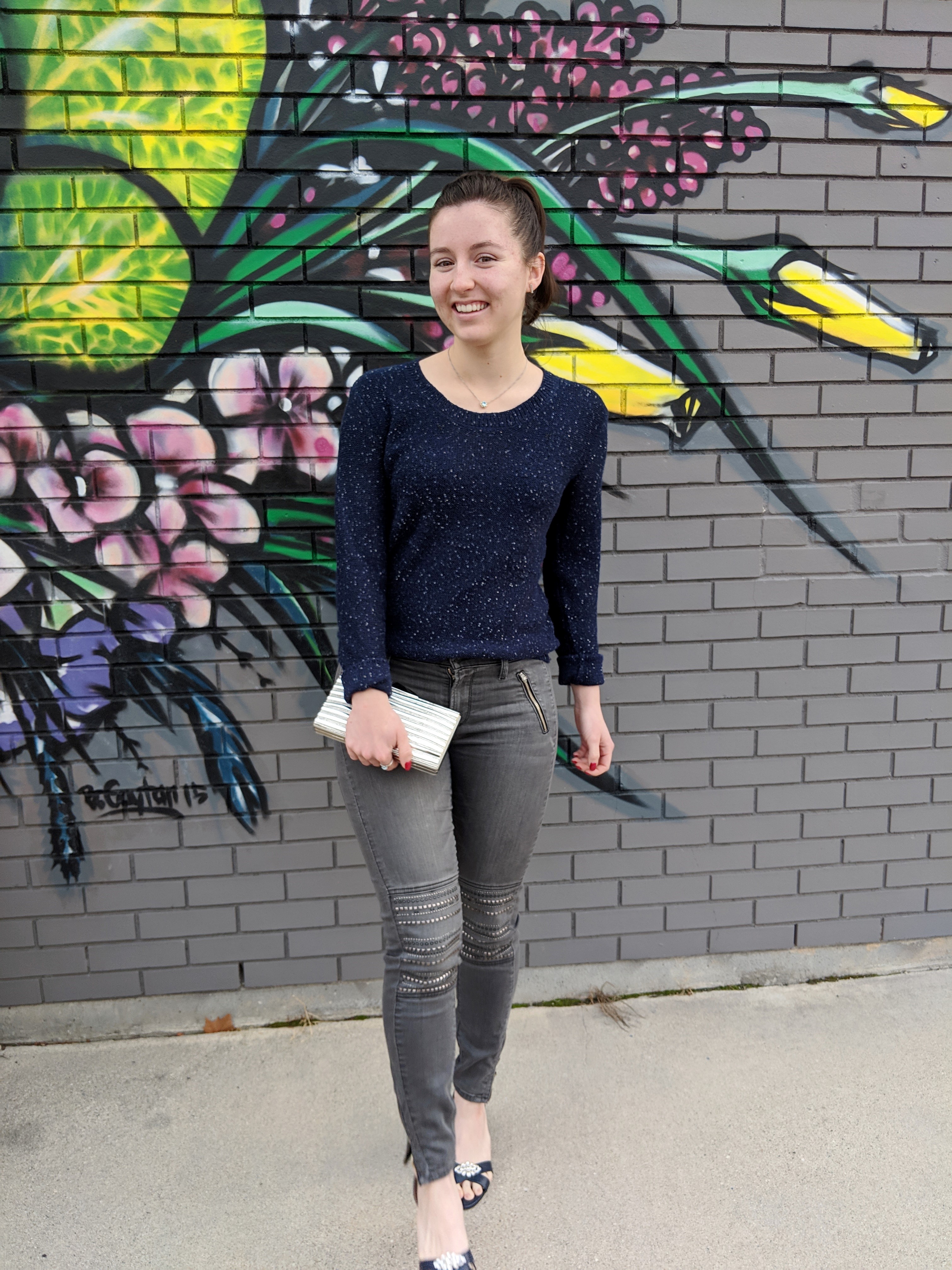 casual NYE outfit with sparkly sweater