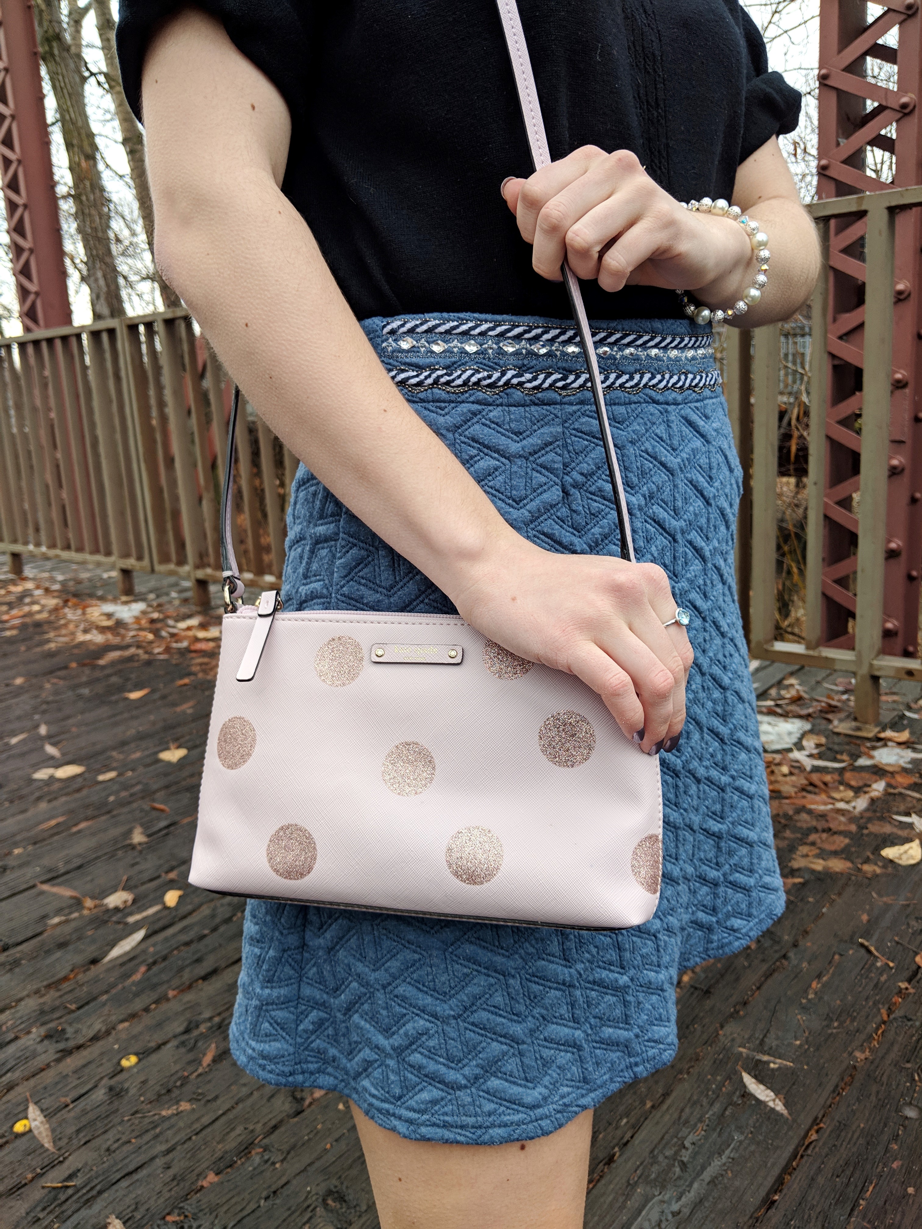 blue quilted skirt black blouse