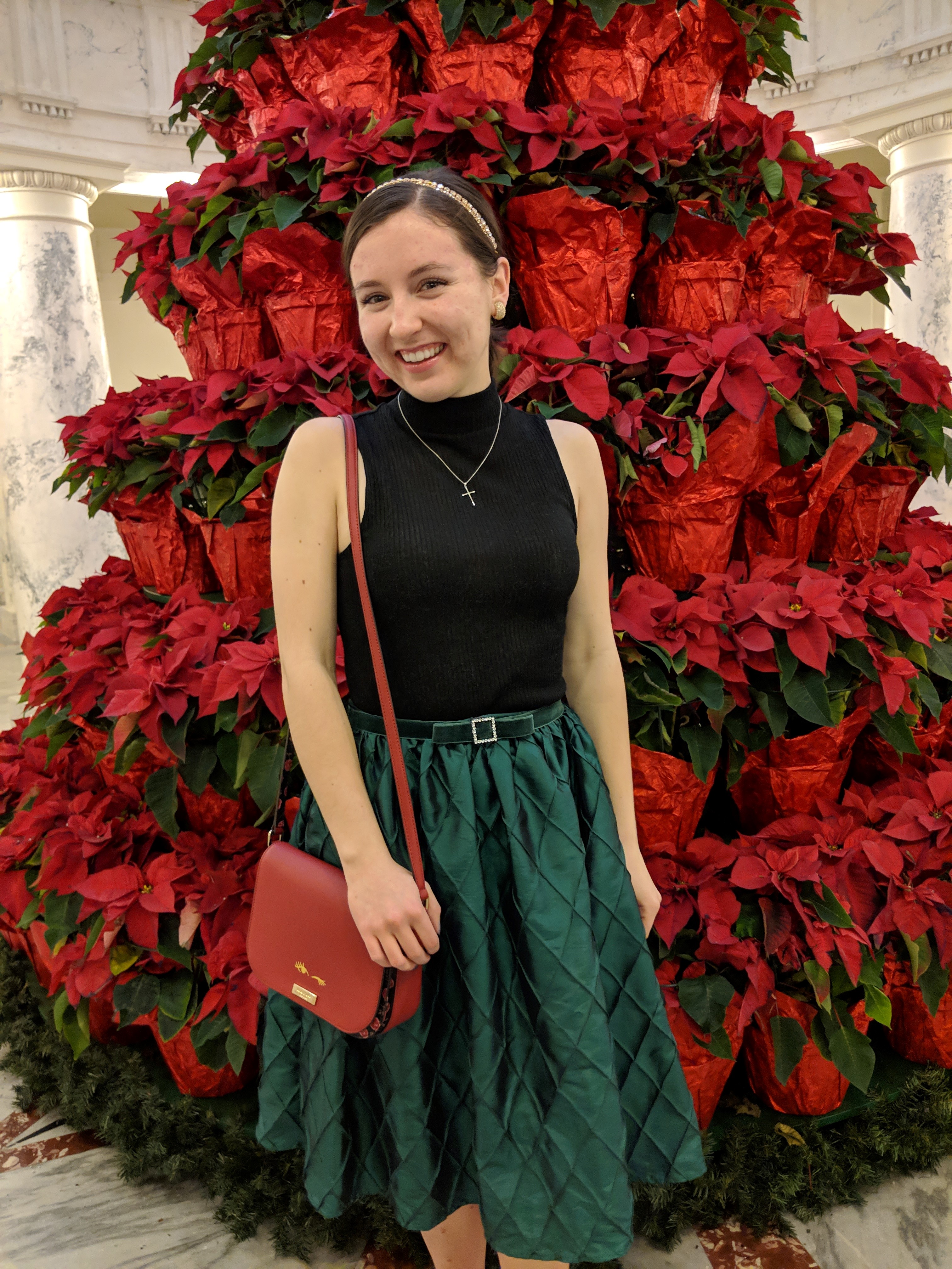 green Christmas midi skirt black blouse