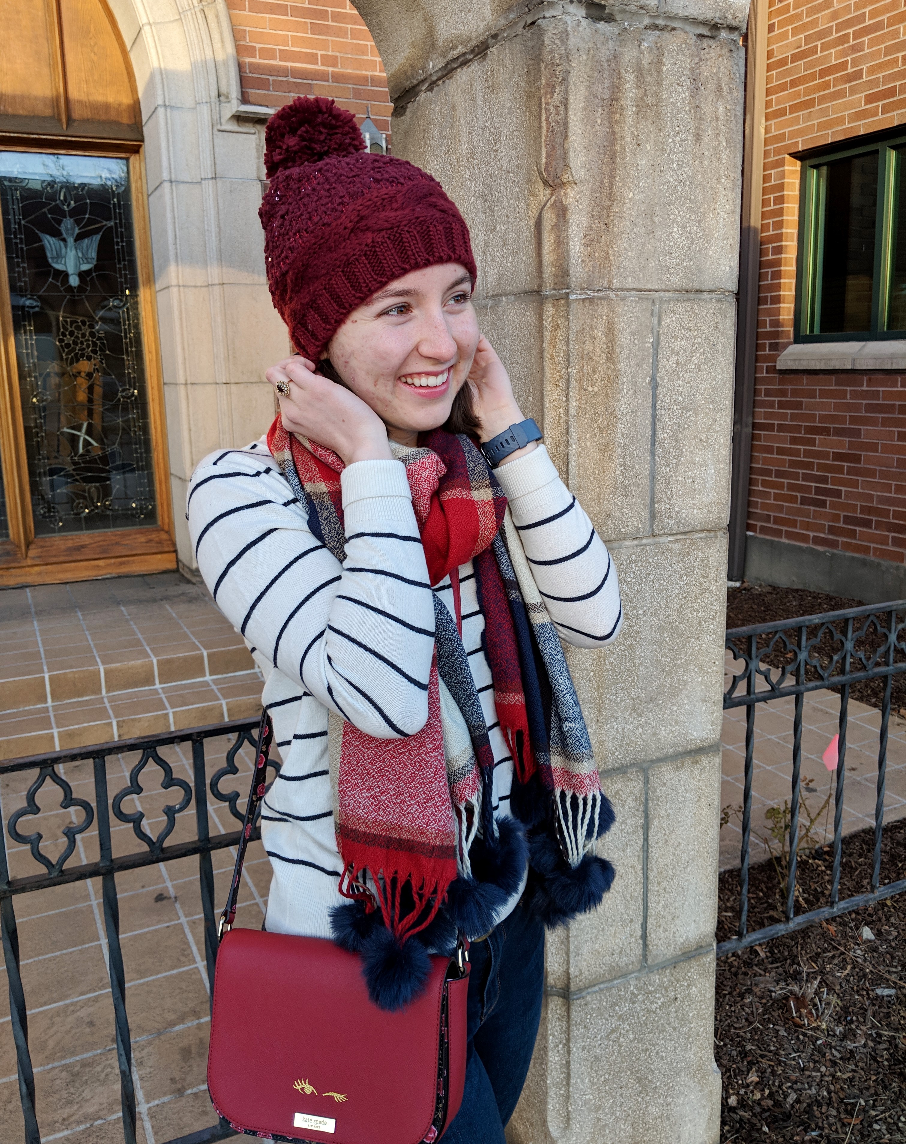 striped Banana Republic sweater burgundy beanie