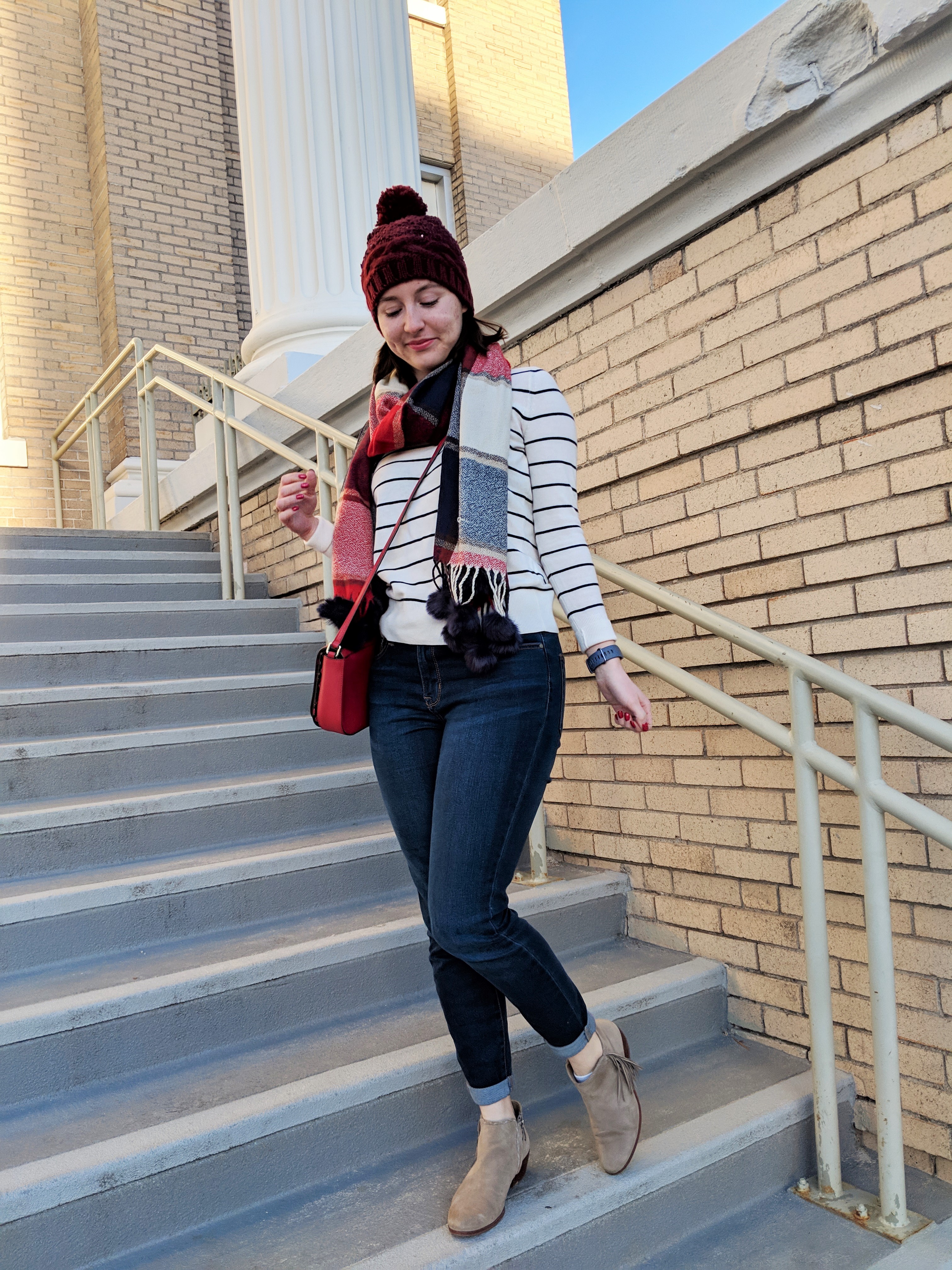 striped sweater plaid scarf