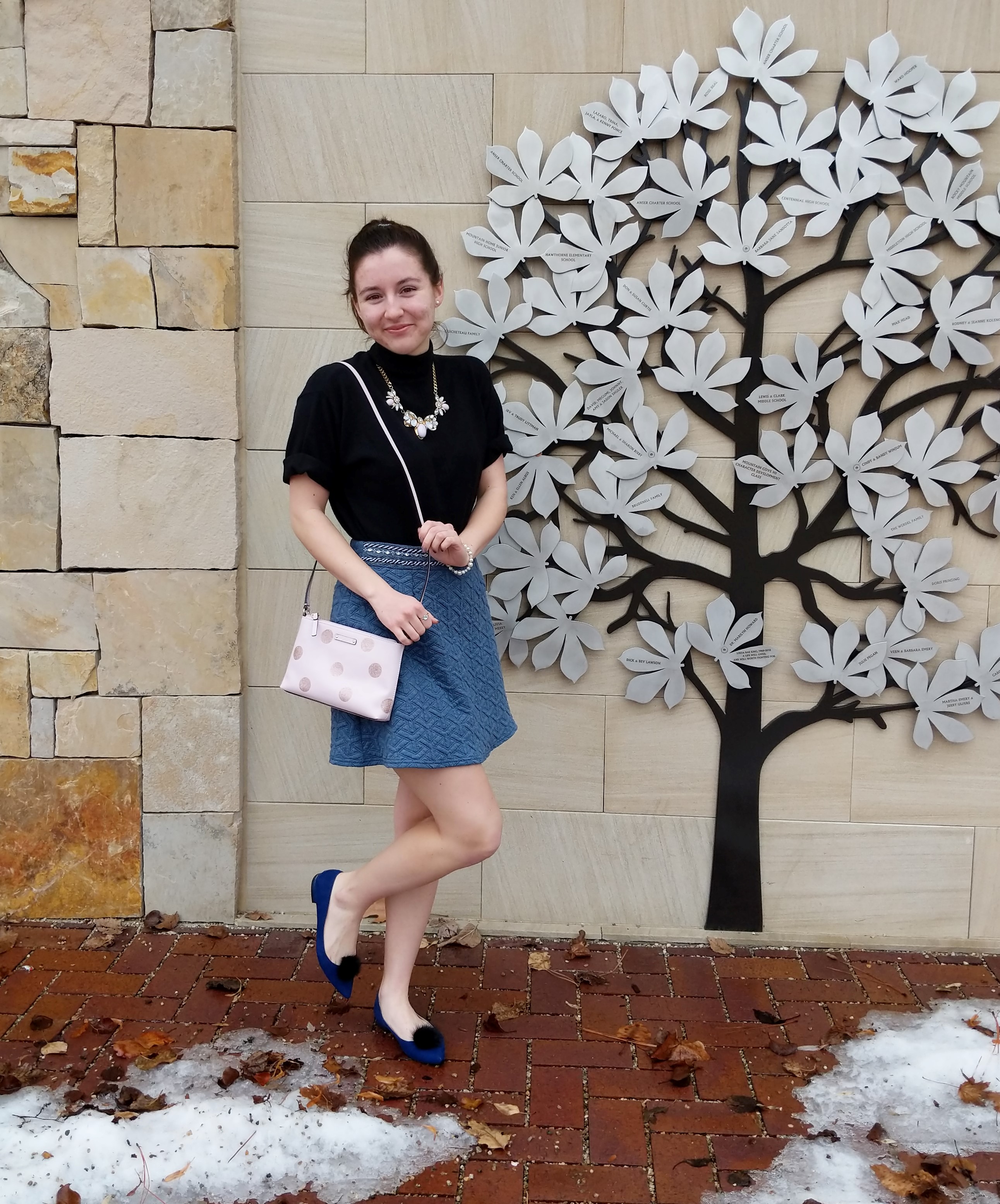 black turtle neck blue skirt
