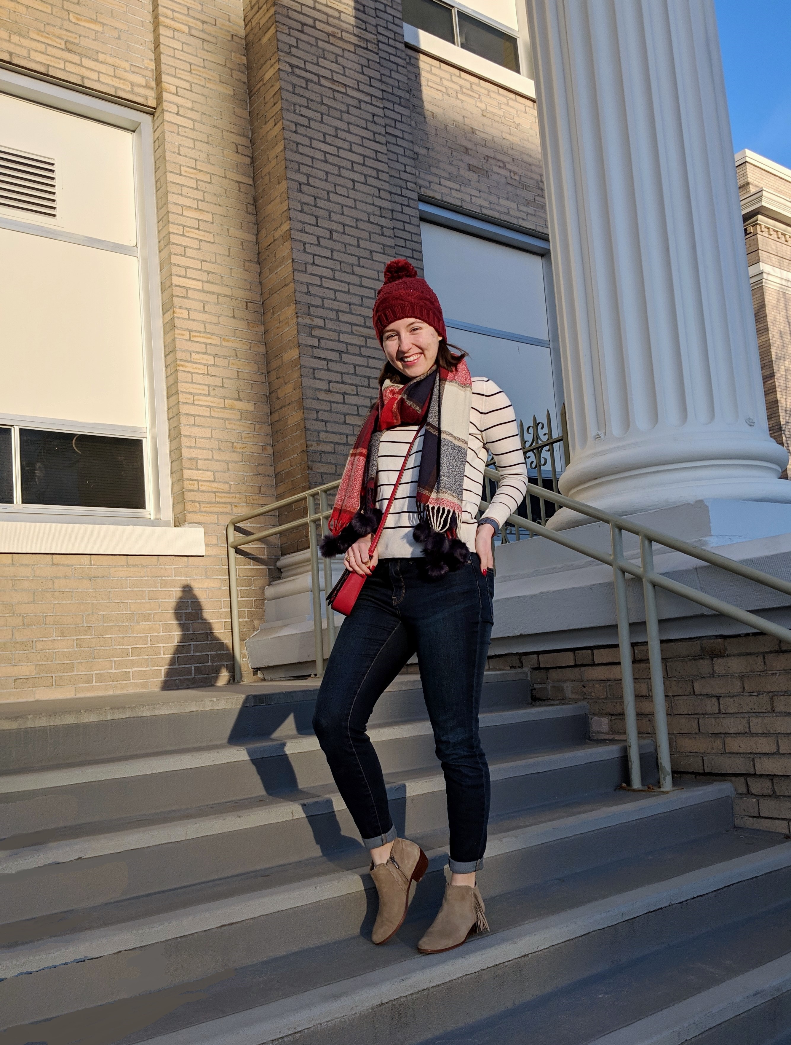 striped sweater plaid scarf pattern mixing