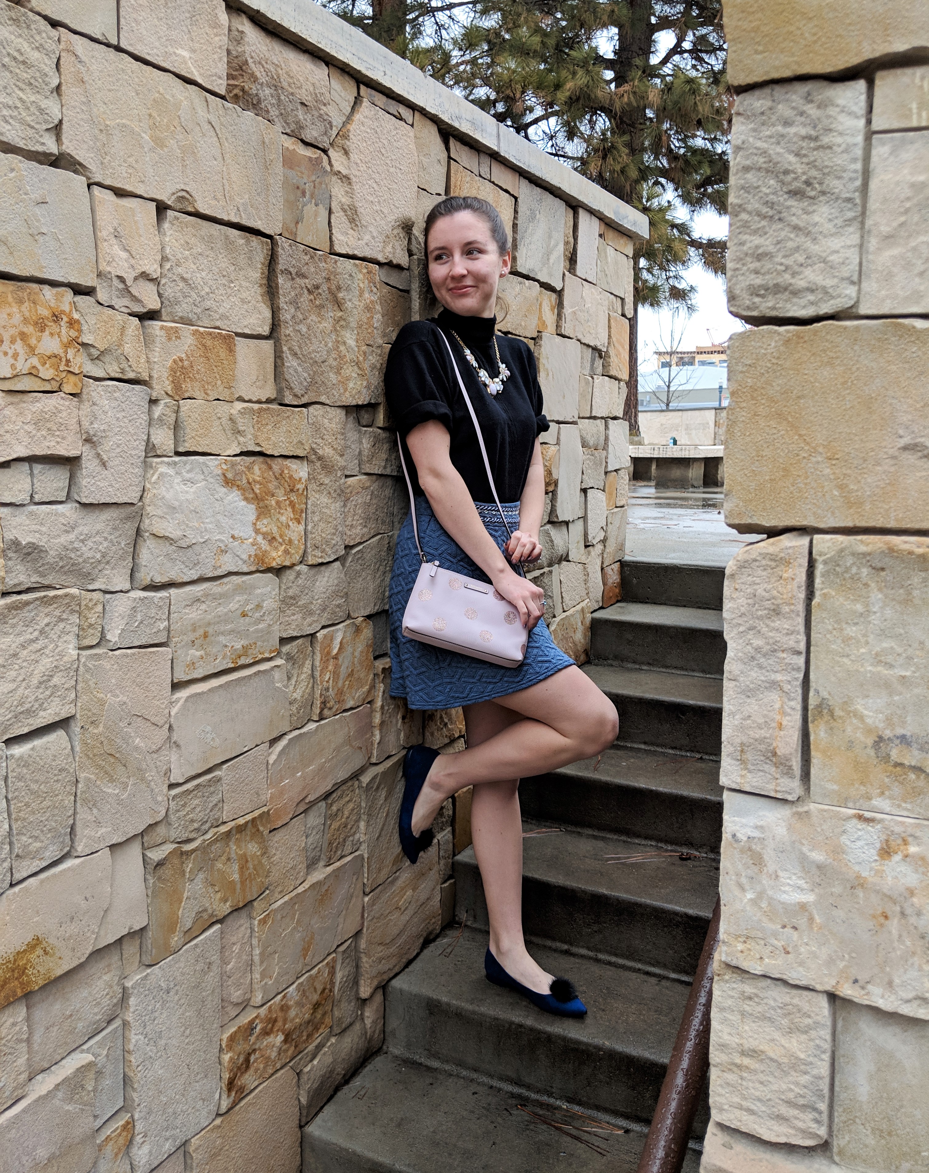 pink Kate Spade purse black turtle neck sweater