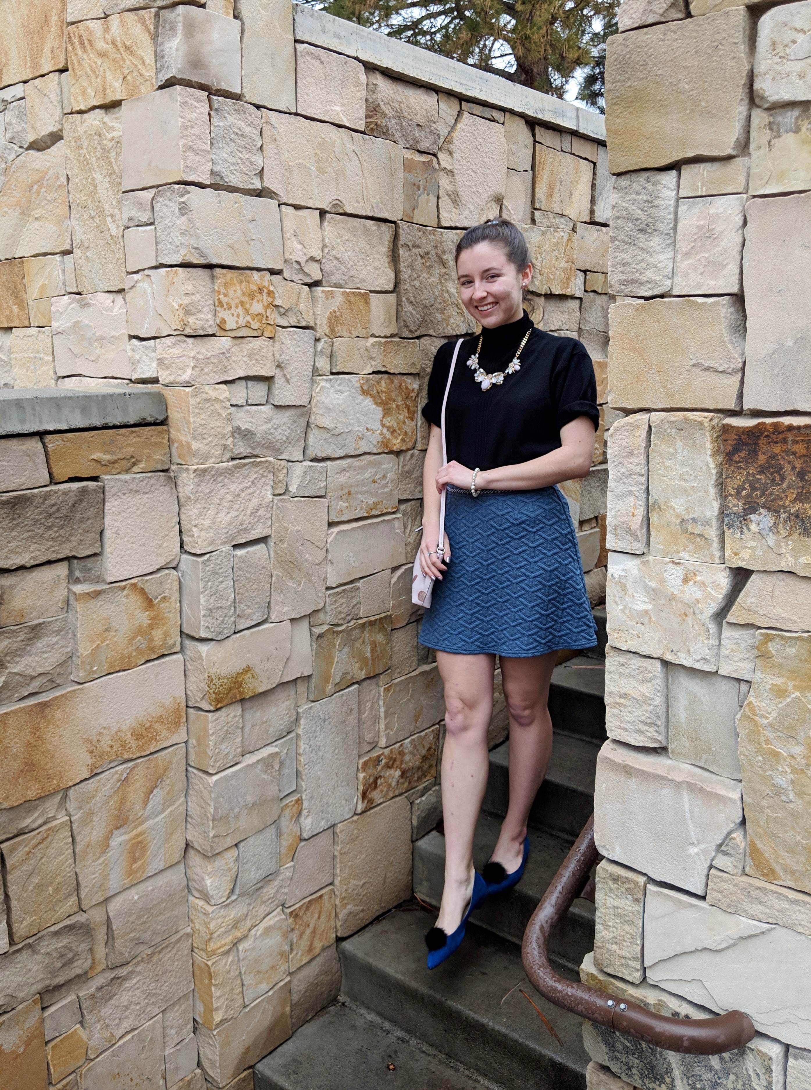 blue winter outfit Francesca's skirt