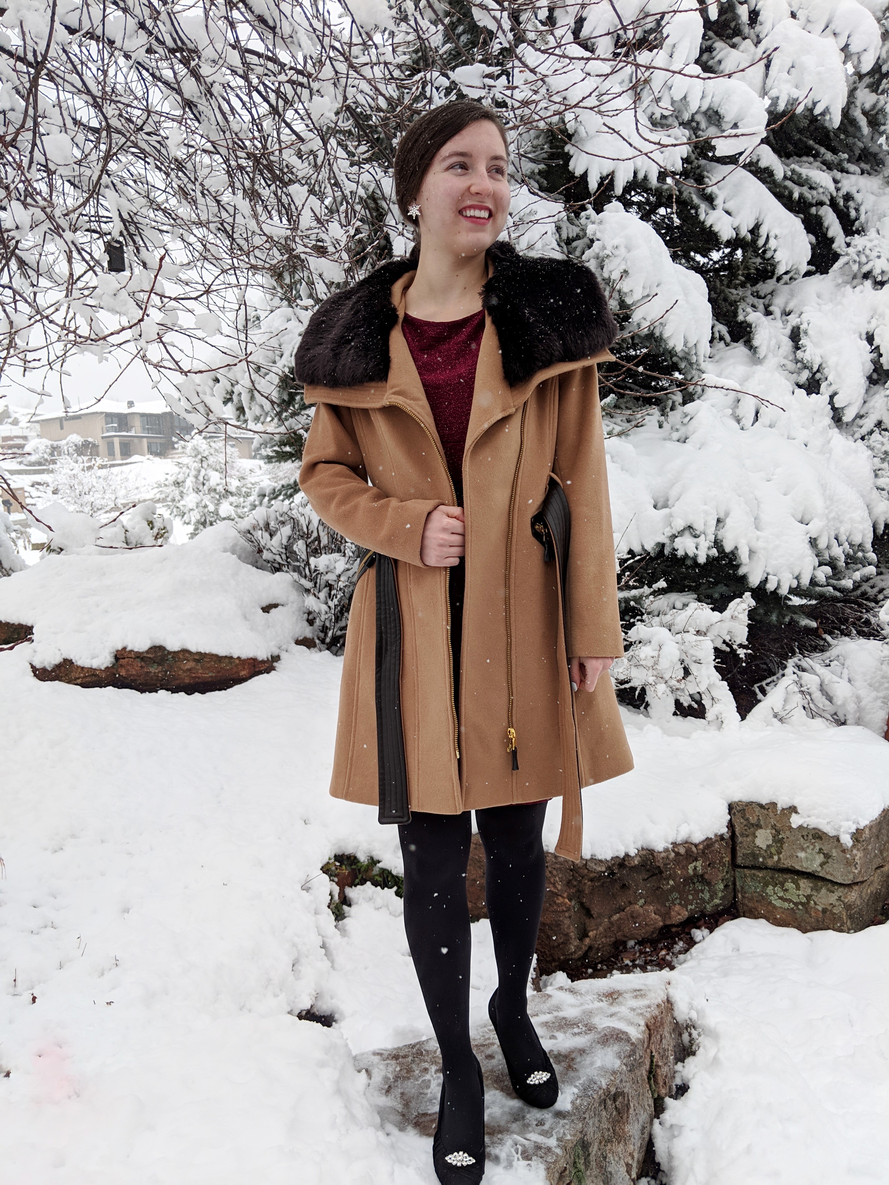 camel coat with fur collar