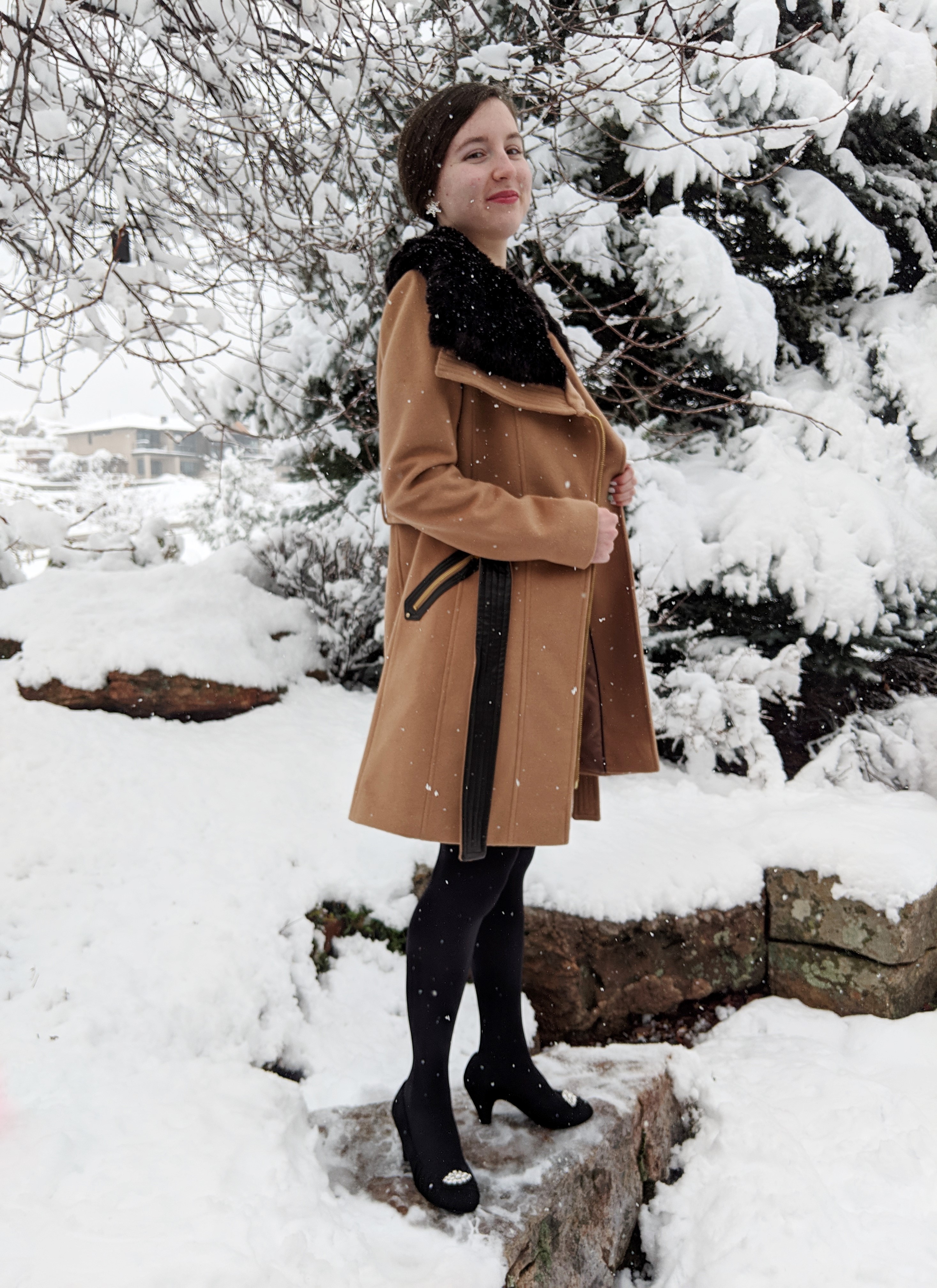 camel coat with fur collar