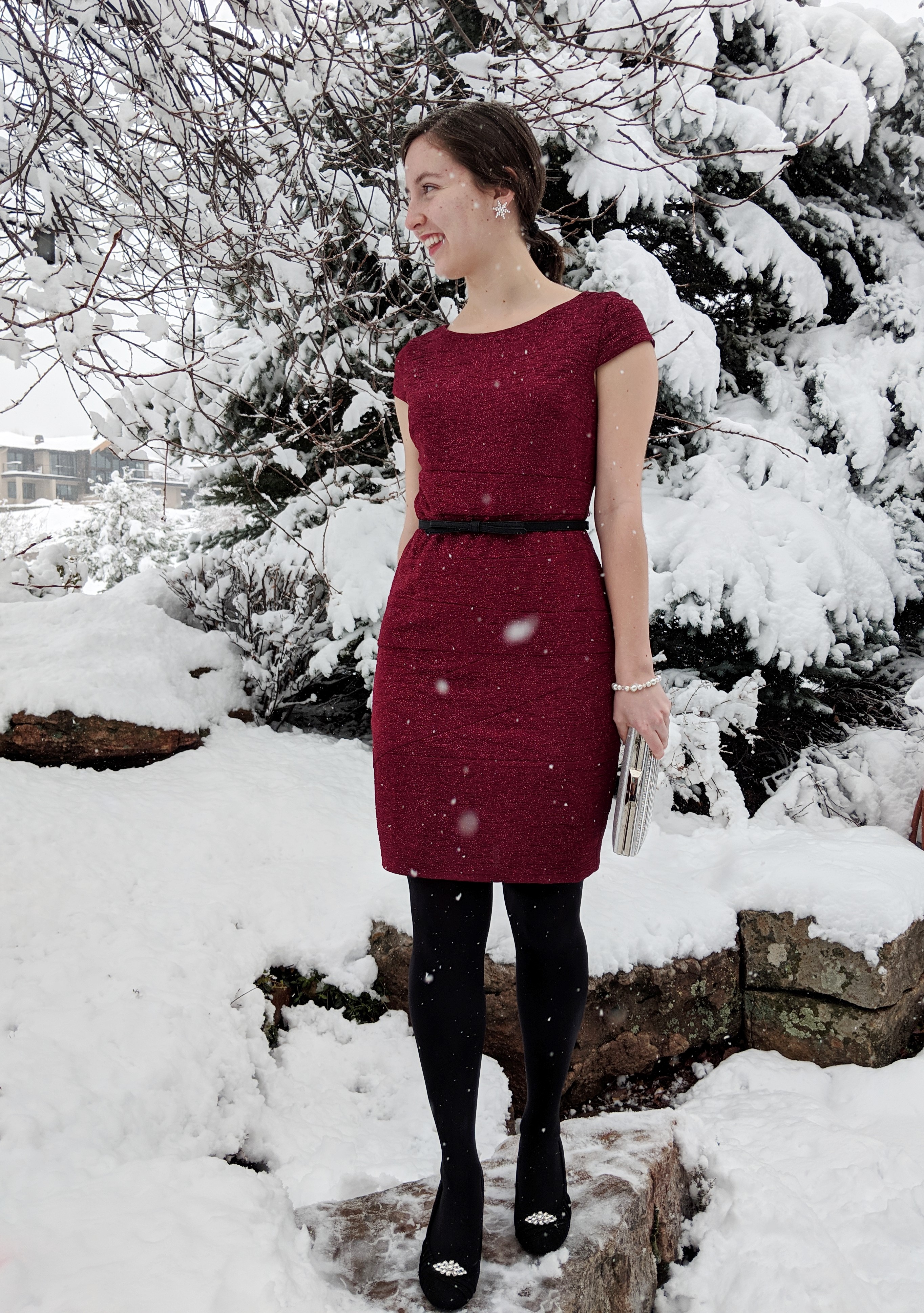 fancy red dress black tights