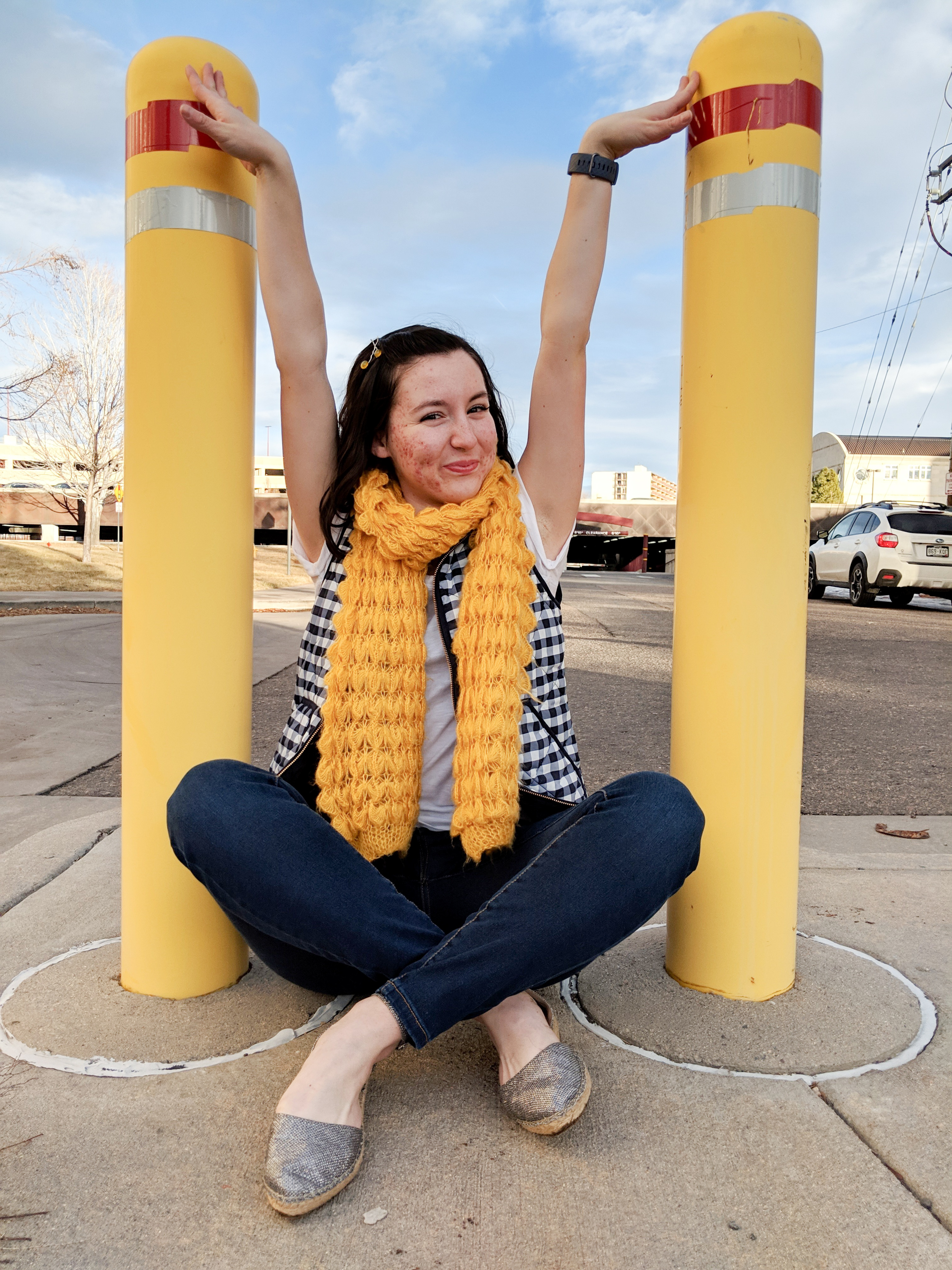 yellow textured scarf, navy gingham vest, sparkly espadrilles