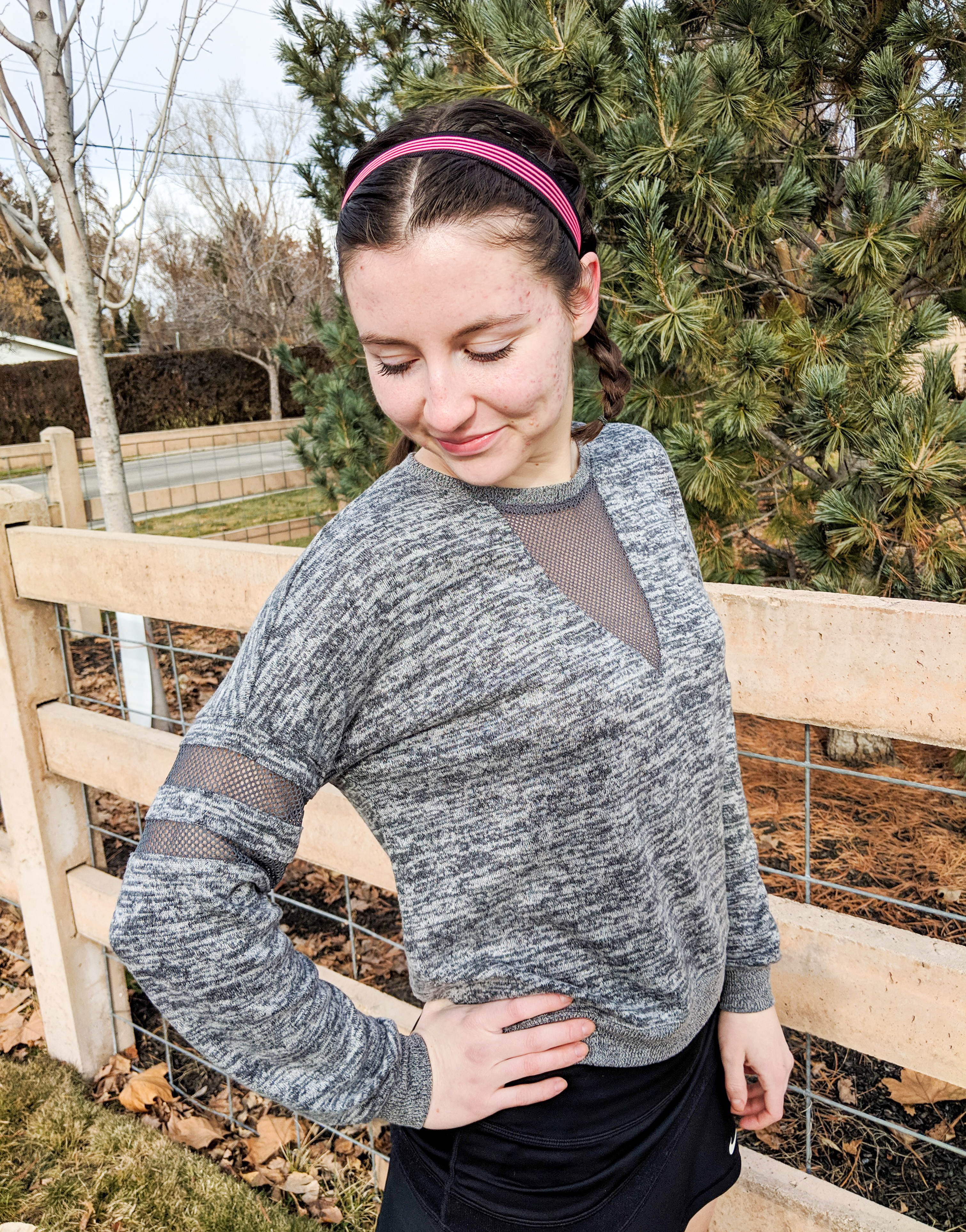 heathered grey sweatshirt with mesh detailing