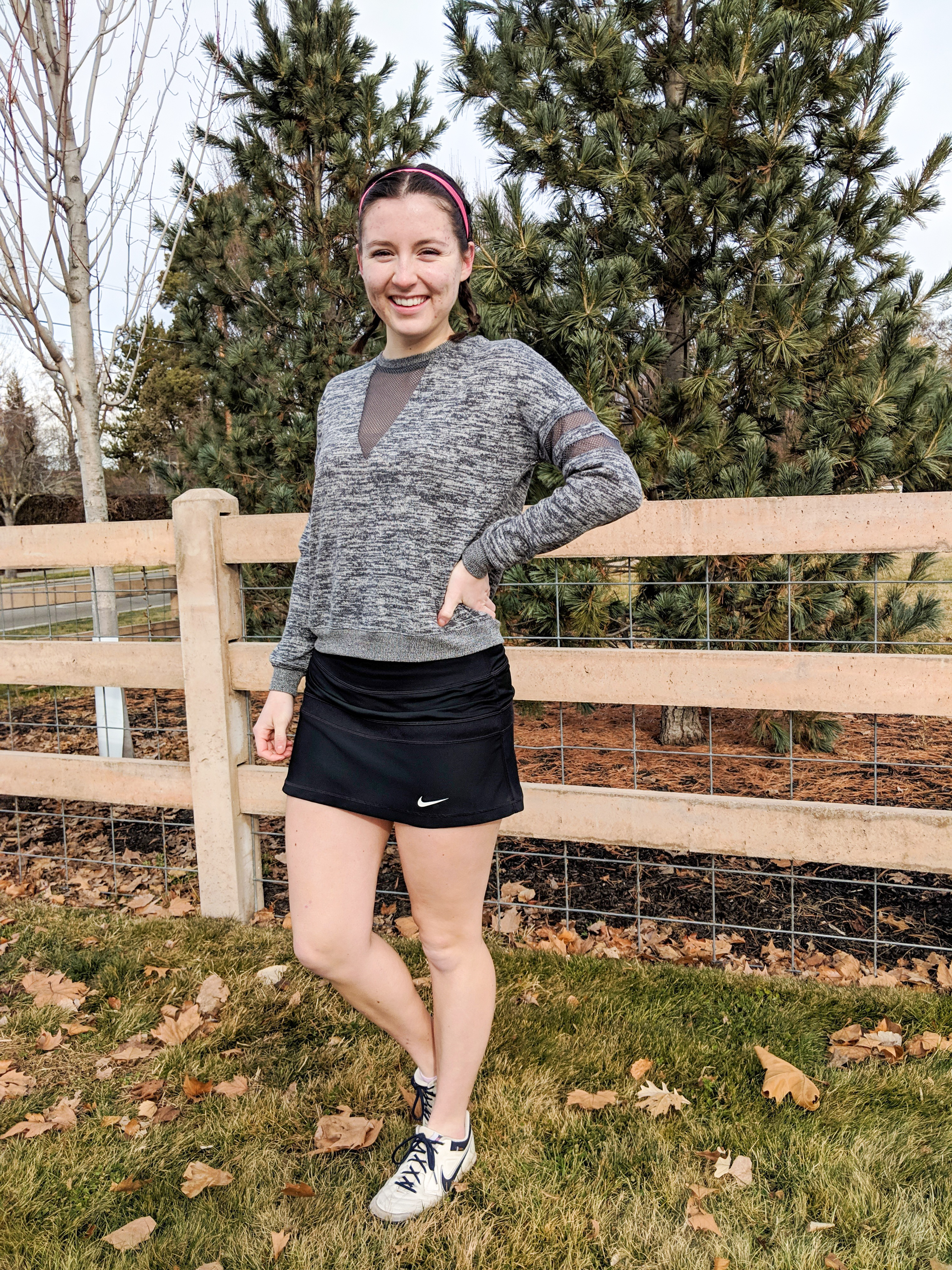 heathered grey sweatshirt with mesh detailing