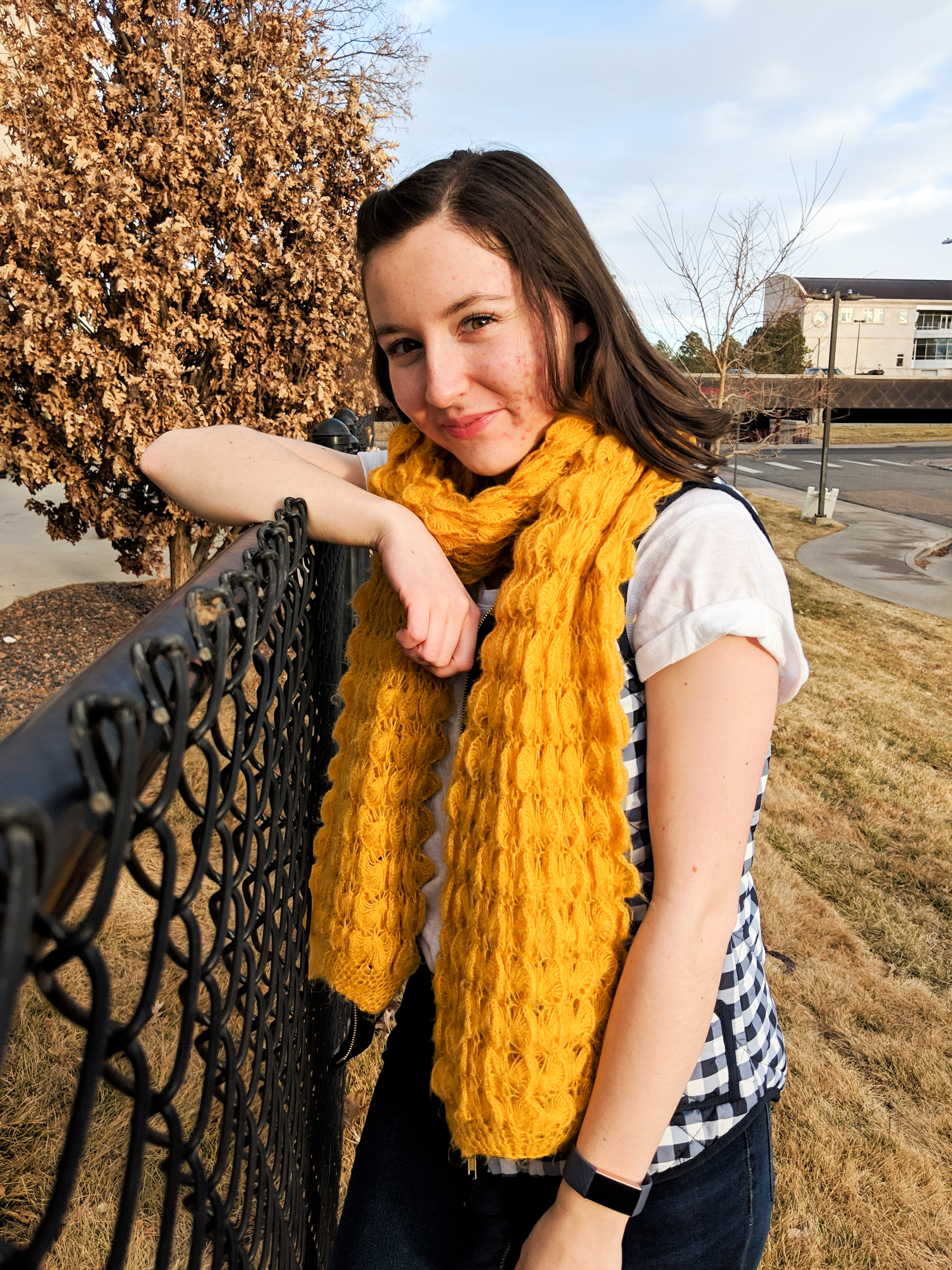 textured mustard yellow scarf and white tee