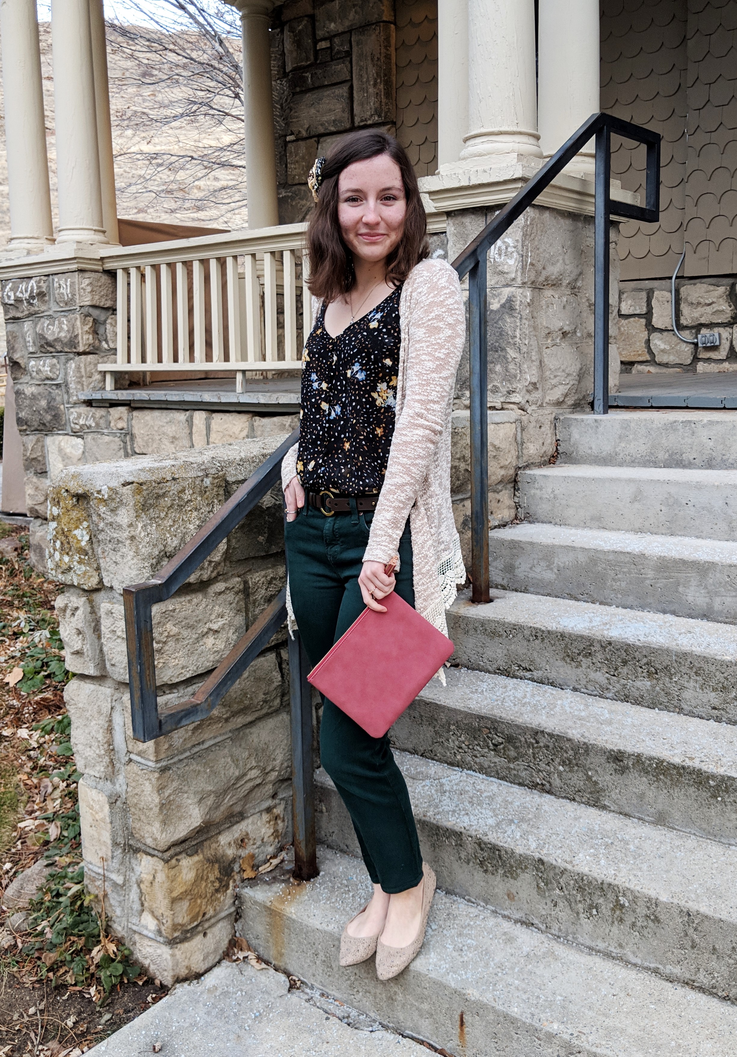 black floral cami with beige cardigan and red Francesca's purse