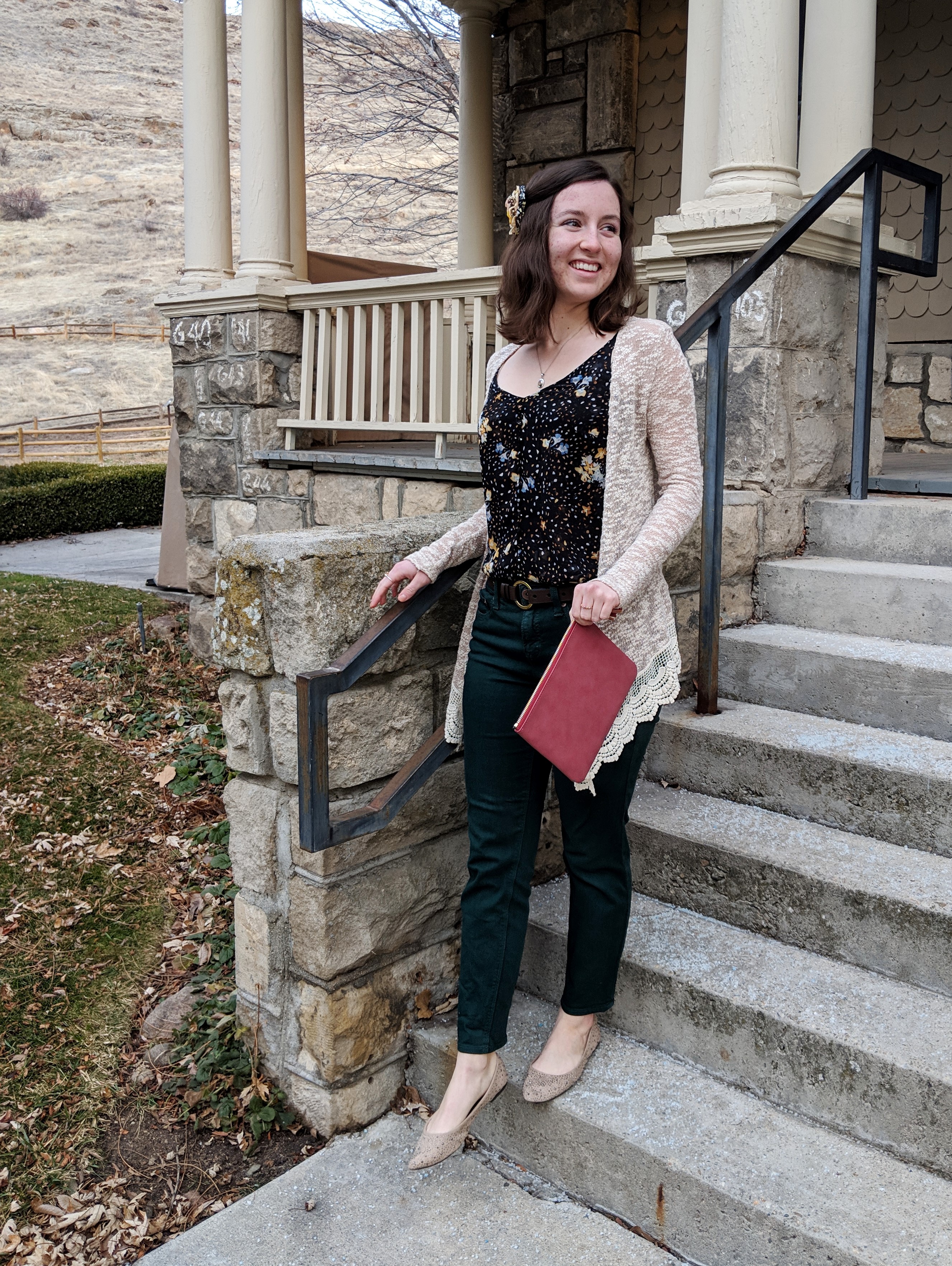 dark floral tank top with neutral cardigan