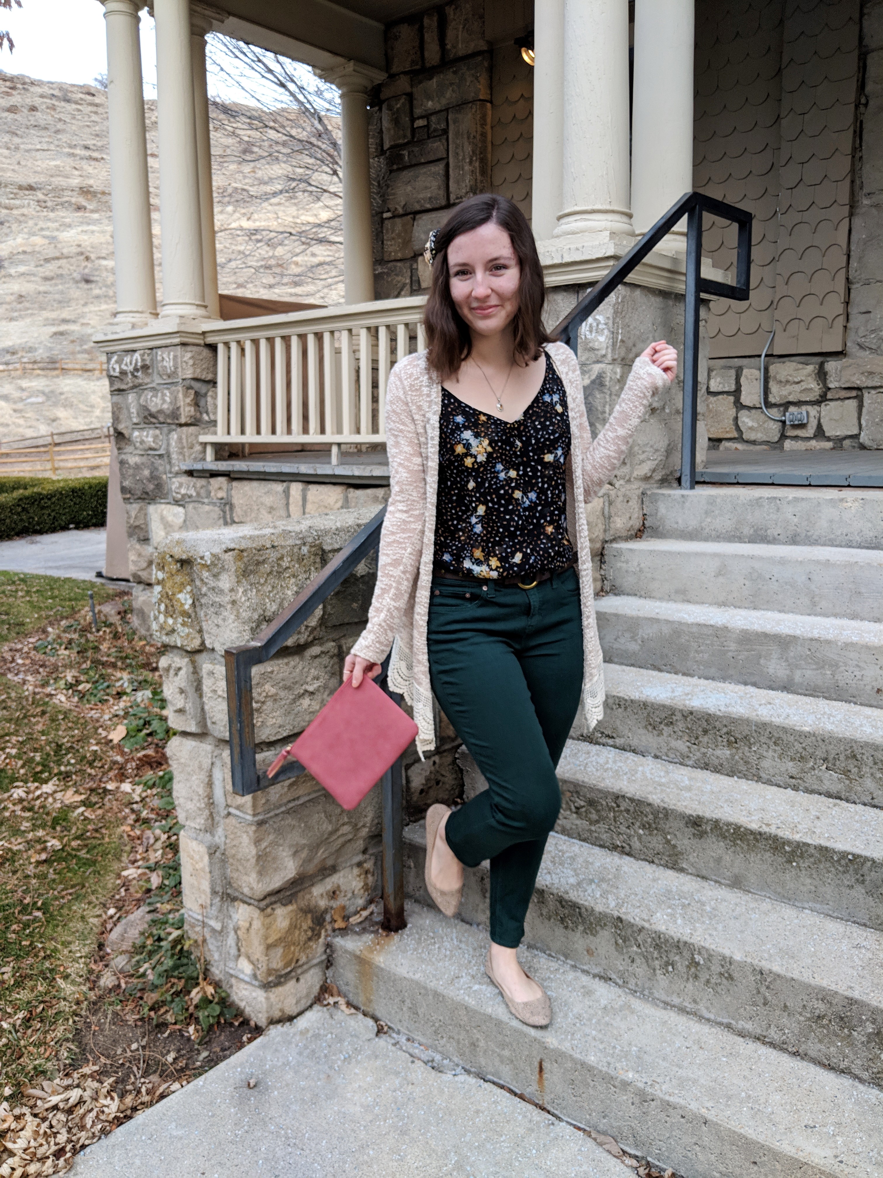 black floral Cabi cami and green JCPenney pants