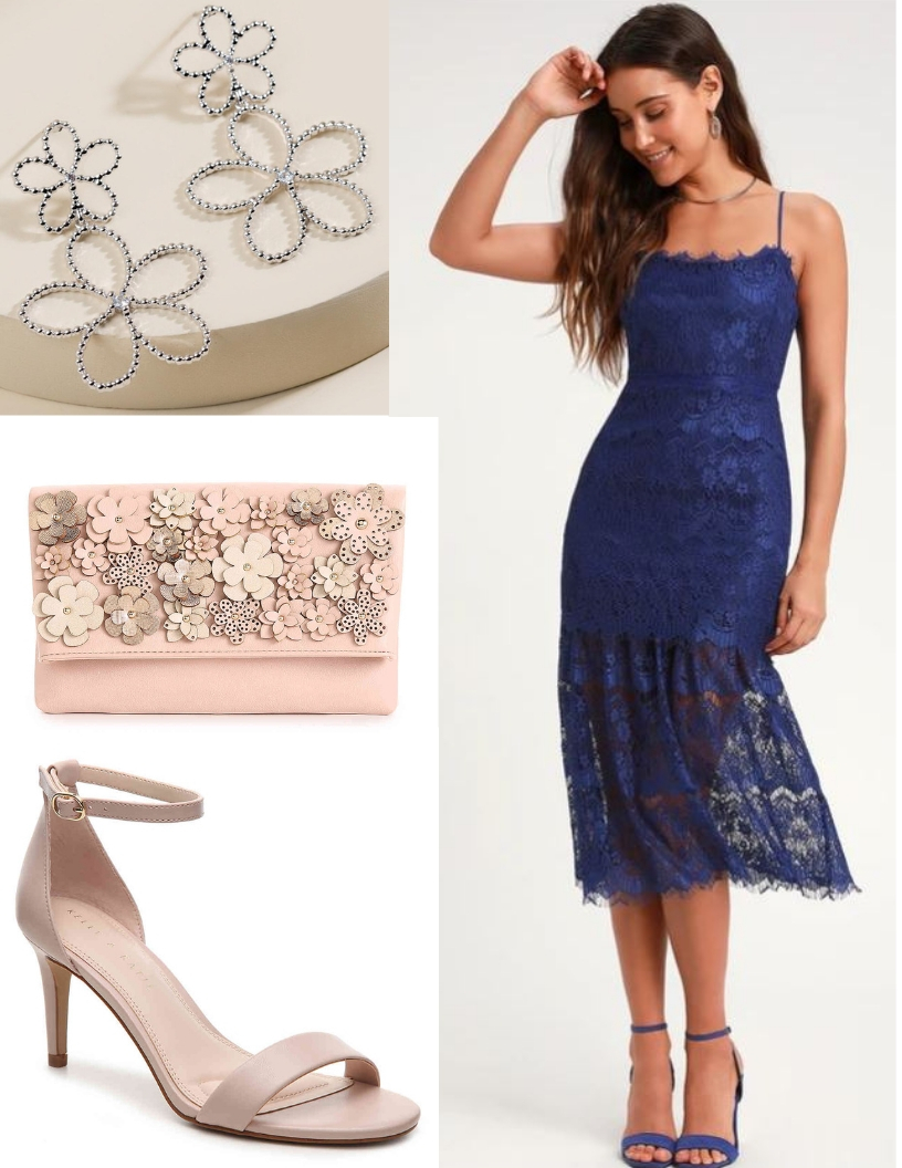 blue mid-length lace dress, neutral heels, blush floral clutch, flower earrings