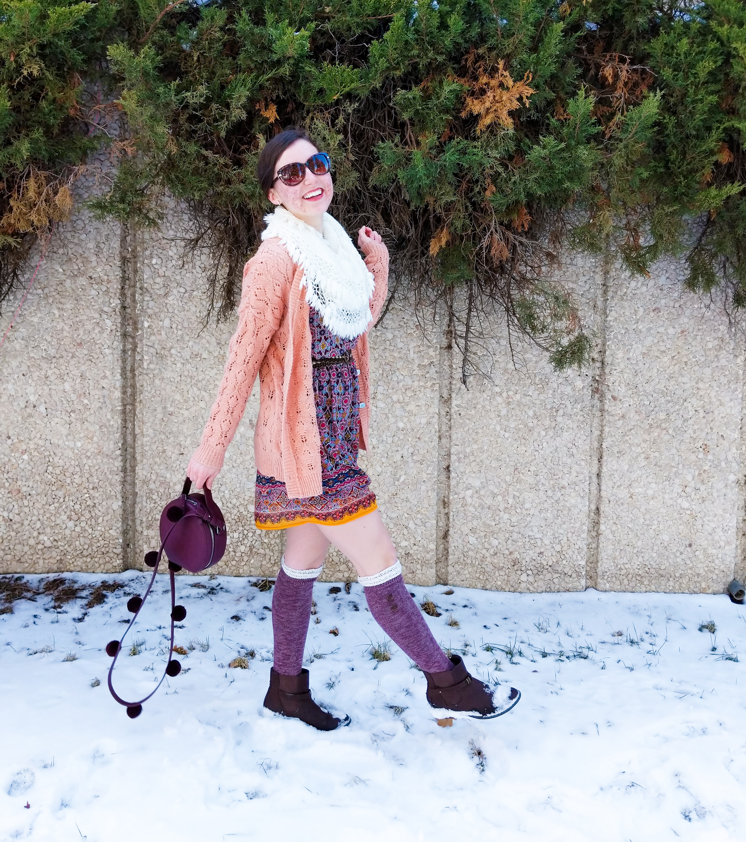 coral sweater, burgundy knee socks, brown booties