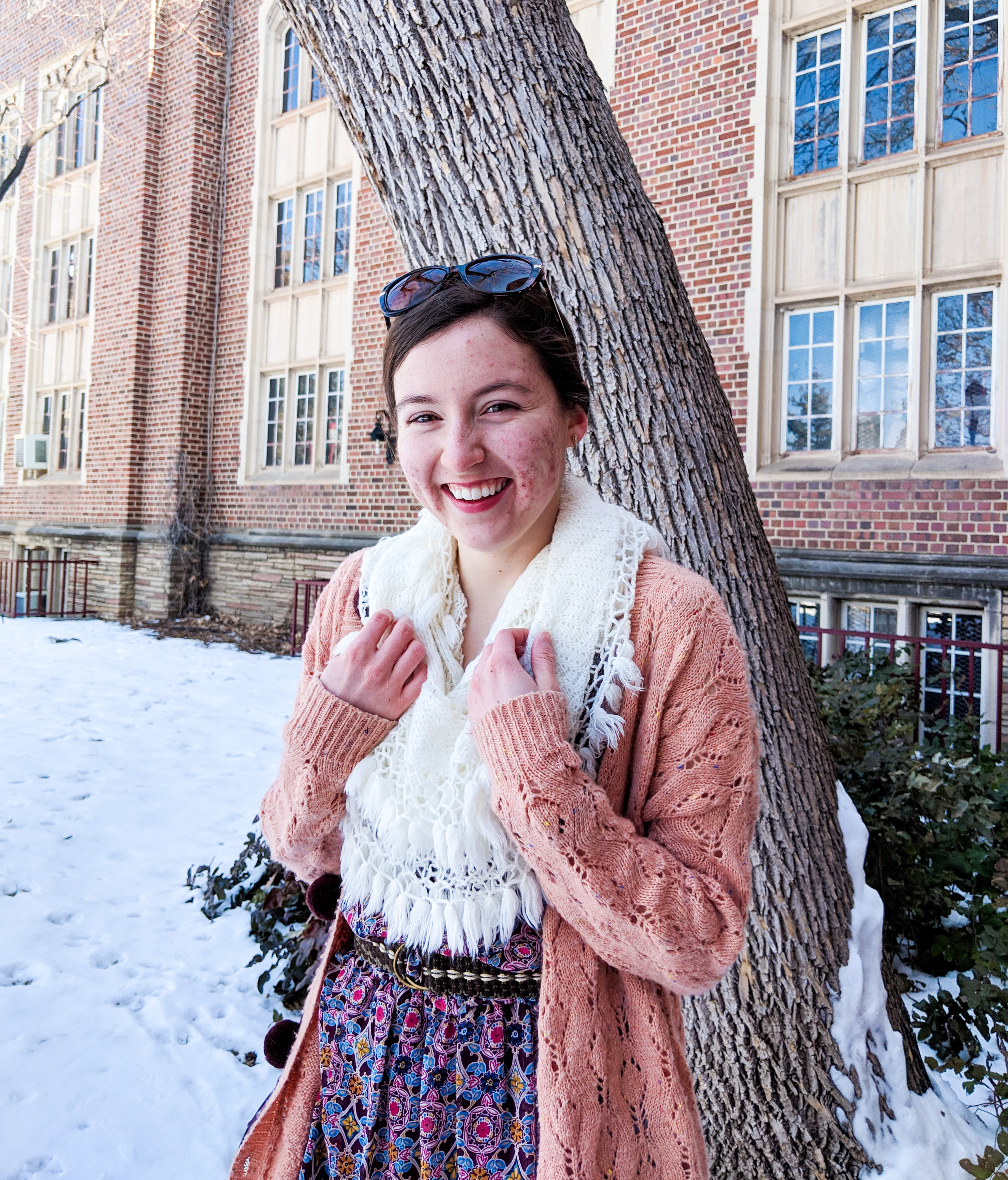 white infinity scarf, Loft sunglasses, coral sweater