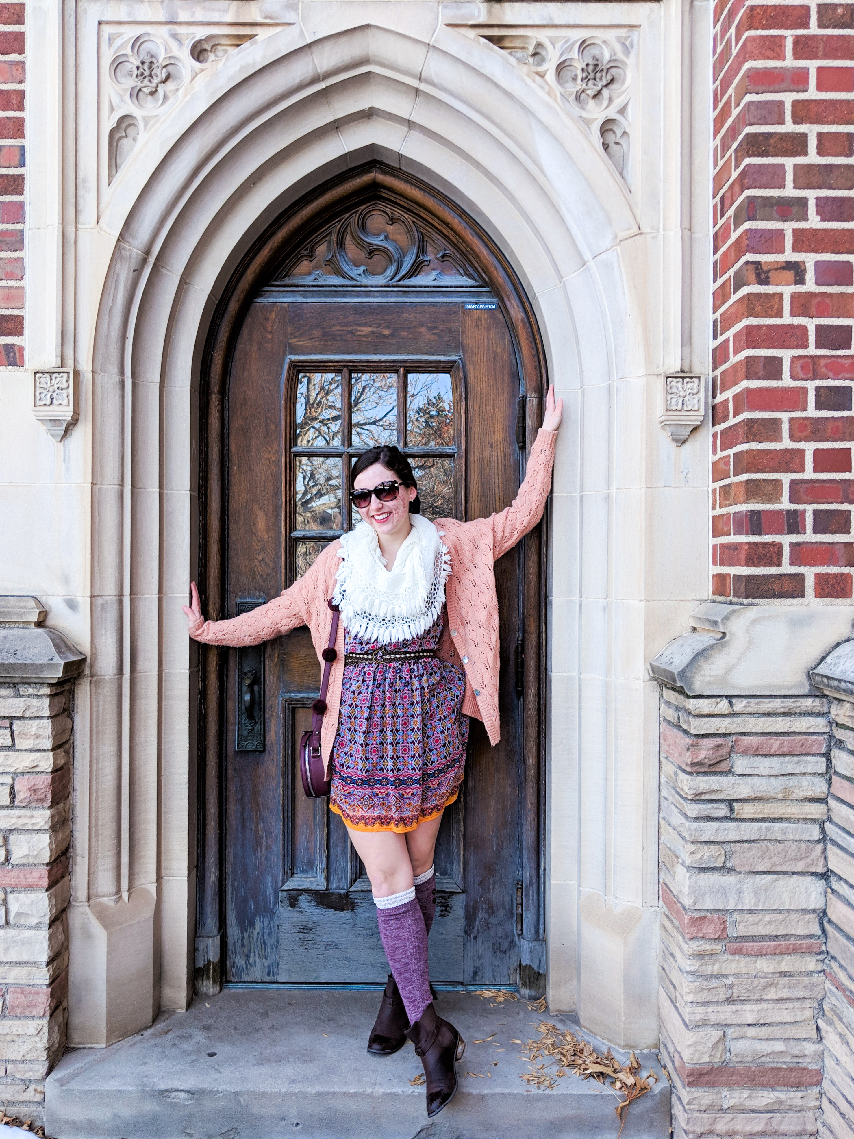 burgundy patterned dress, coral cardigan