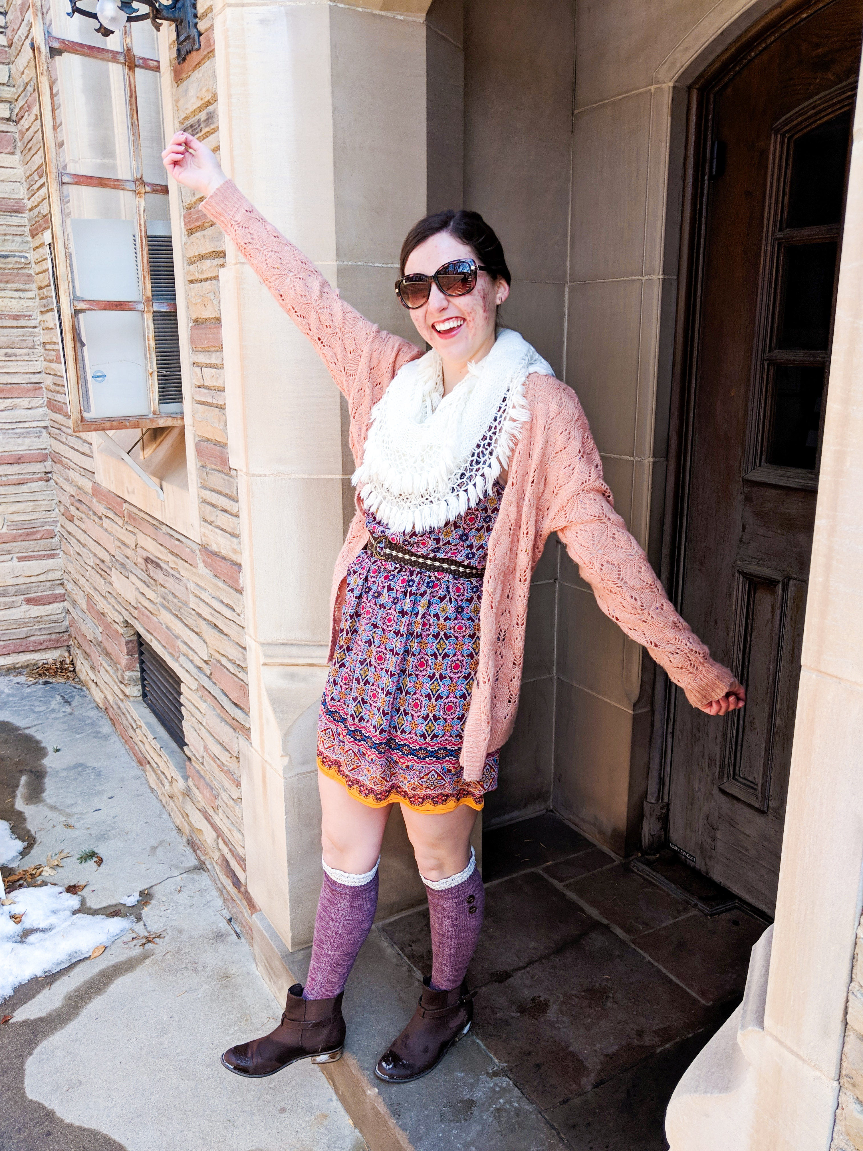 coral sweater, maroon dress, brown booties