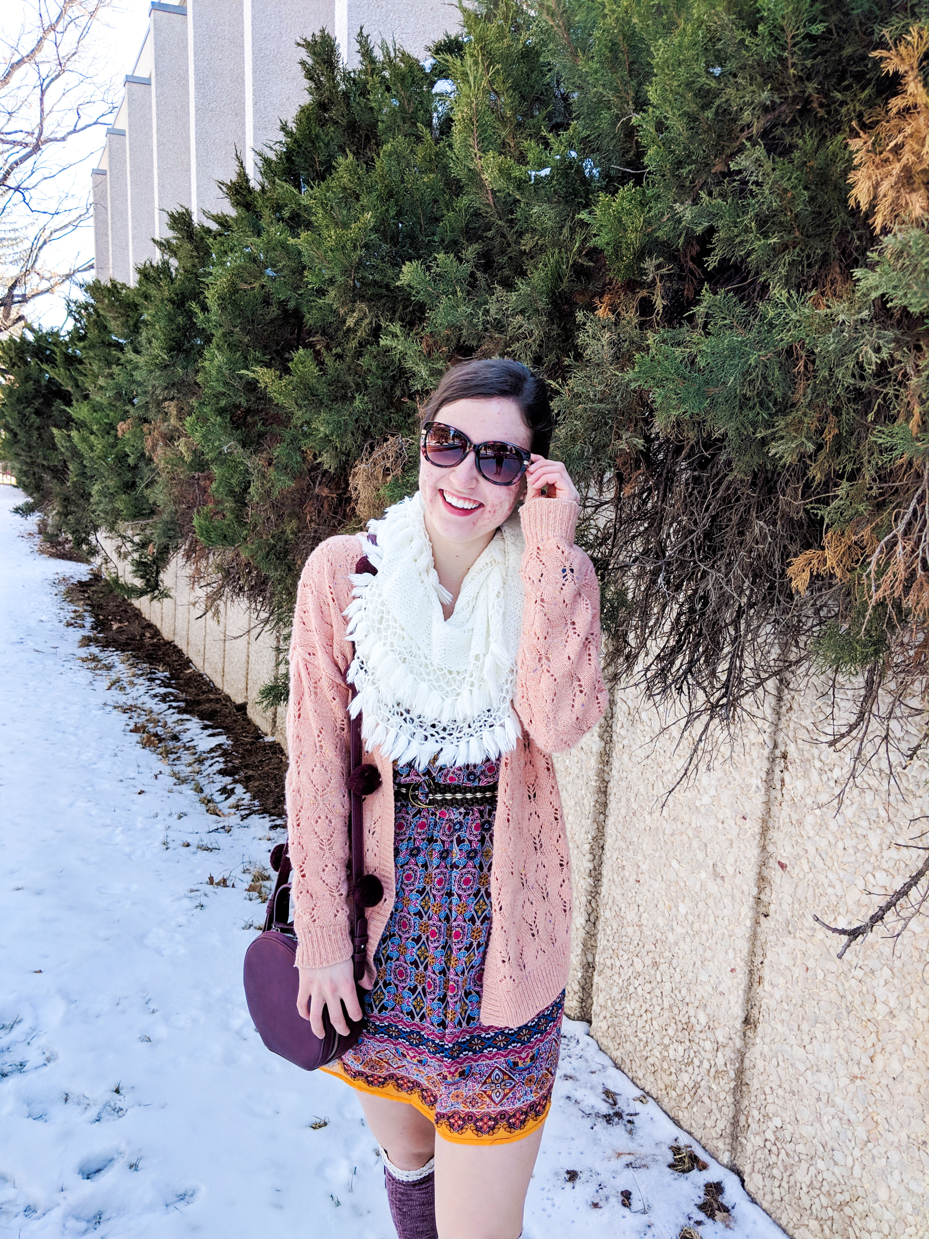 coral sweater, burgundy patterned dress