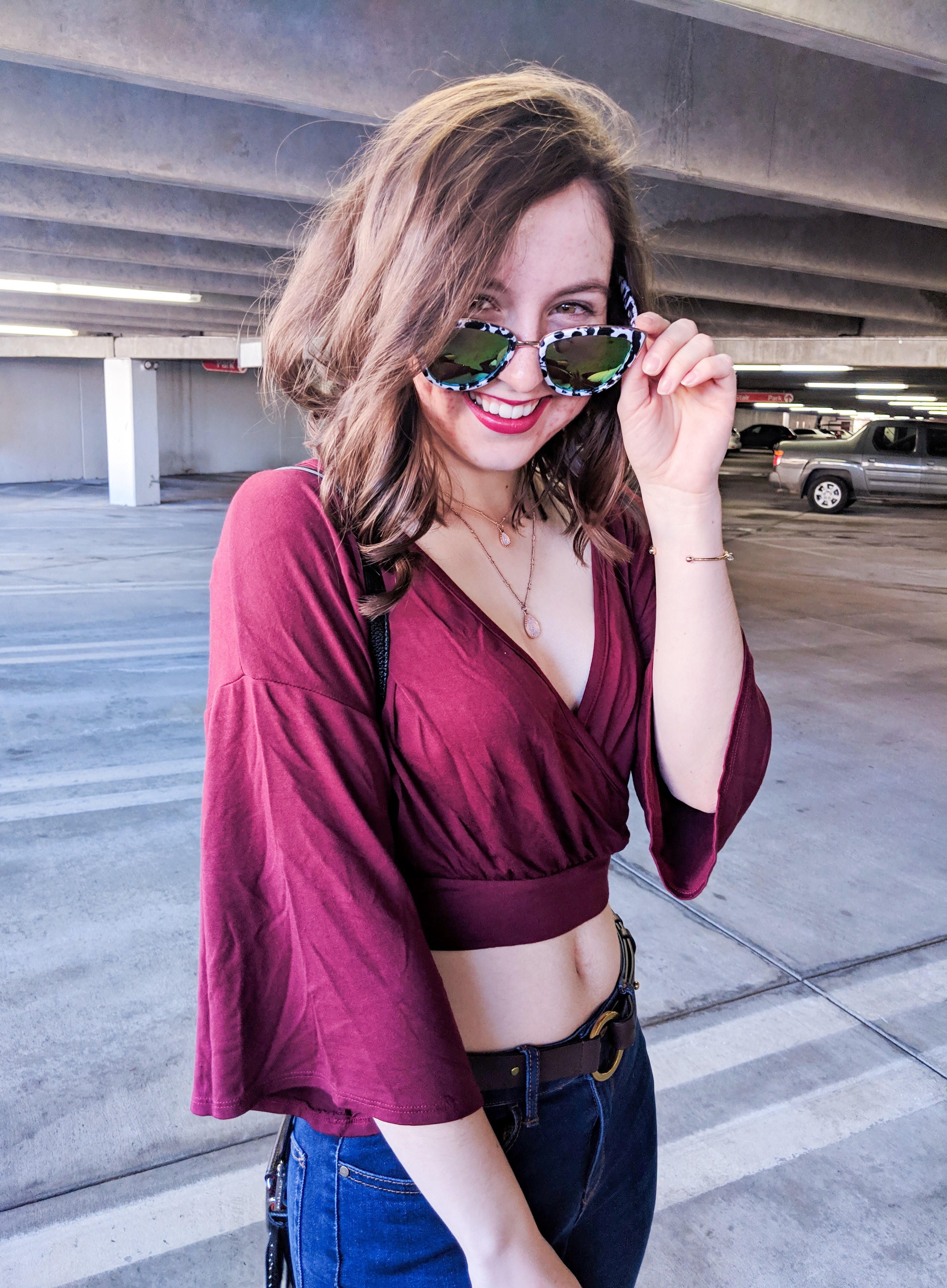 maroon bell sleeve crop top