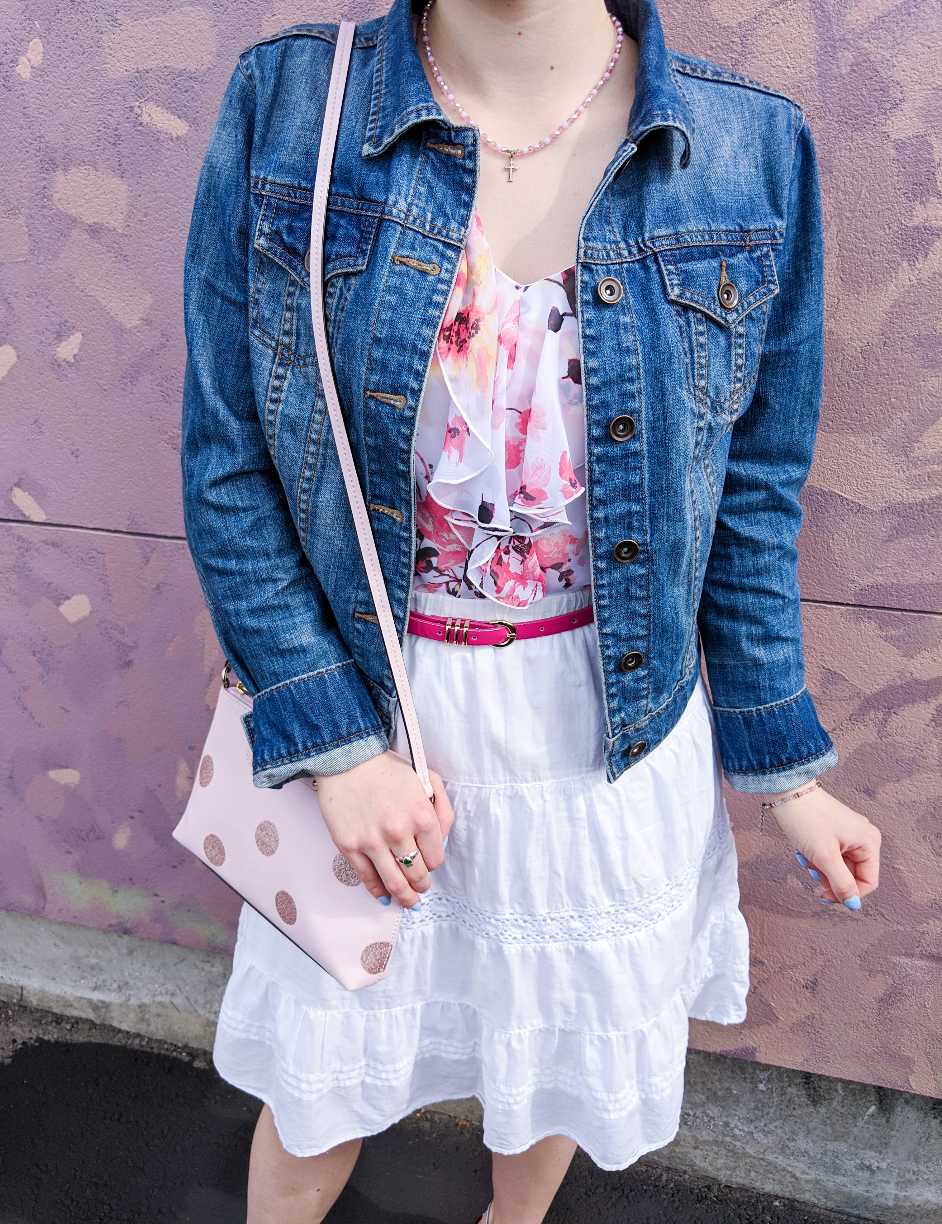 jean jacket, floral blouse, pink polka dot purse