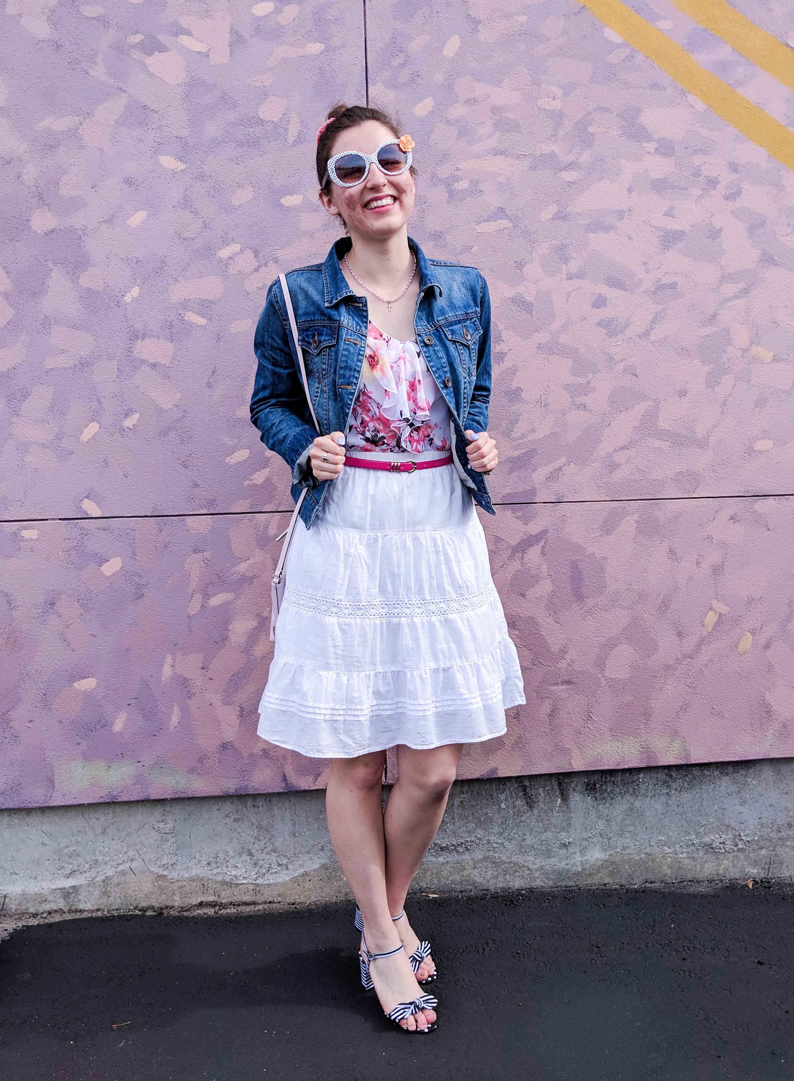 floral blouse, white peasant skirt, denim jacket